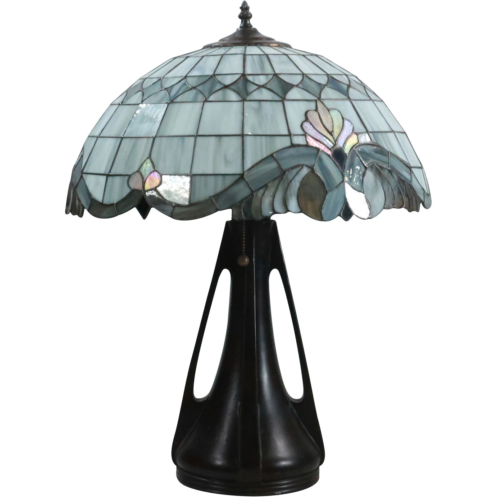 20th C. Leaded Glass Table Lamp with Stylish Metal Base 25 in. height x 27.5 in dia. shade (1 of 20)