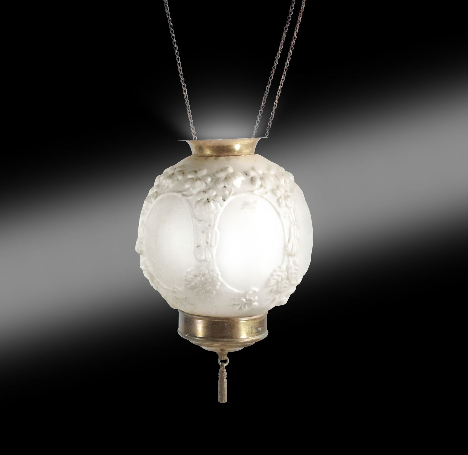 1880s Victorian Pull Down Fixture White Glass Ball Shade with Embossed Flowers, Original Hardware (1 of 20)
