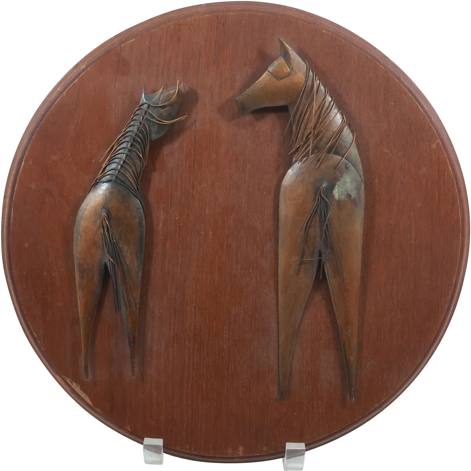 Mid-Century Modern Round Wall Plaque with Two Tin Horses in Original Patina Finish 13 in. diameter (1 of 16)