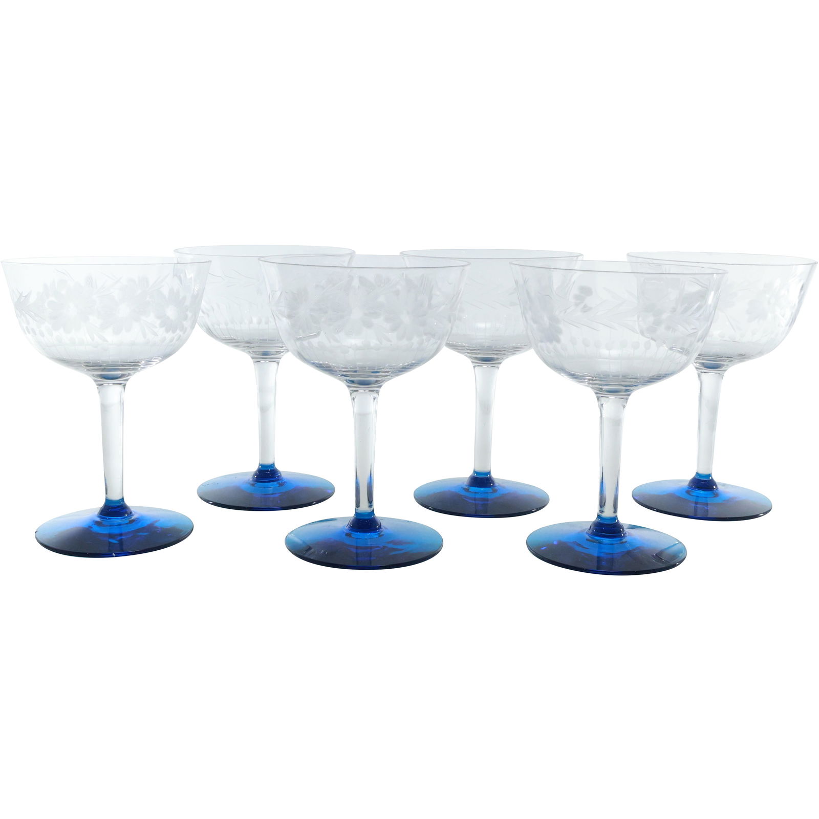 Set 6 Etched Flowers Crystal Glass Stemware with Cobalt Blue Bases (1 of 20)