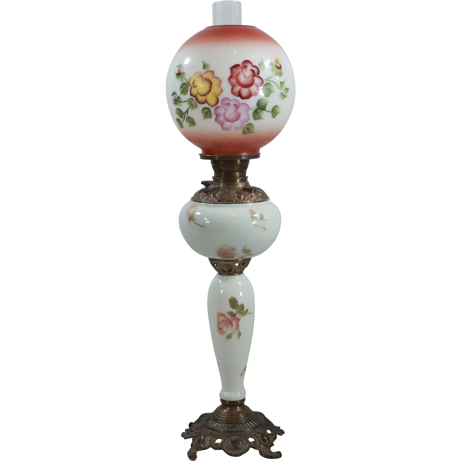 Victorian Bristol Glass Banquet Lamp with Ball Shade Hand Painted Flowers 31.25 in. height (1 of 20)