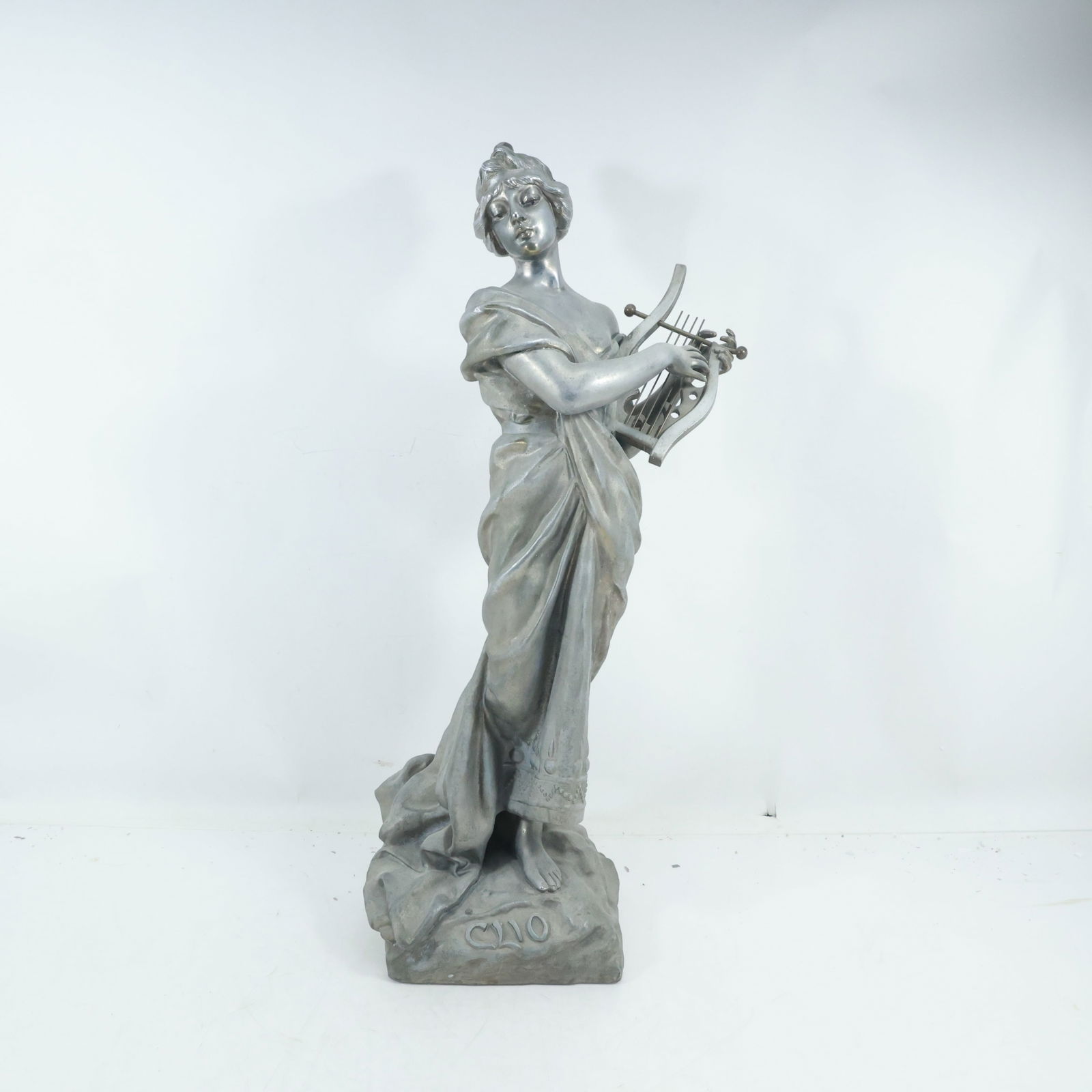 19th C. Cast Metal Spelter Art Nouveau Woman Playing a Harp "CLIO", 21.25 in. height x 7 in. wide: 19th C. Cast Metal Spelter Art Nouveau Woman Playing a Harp "CLIO", 21.25 in. height x 7 in. wide. Original patina. size: 21.25x7