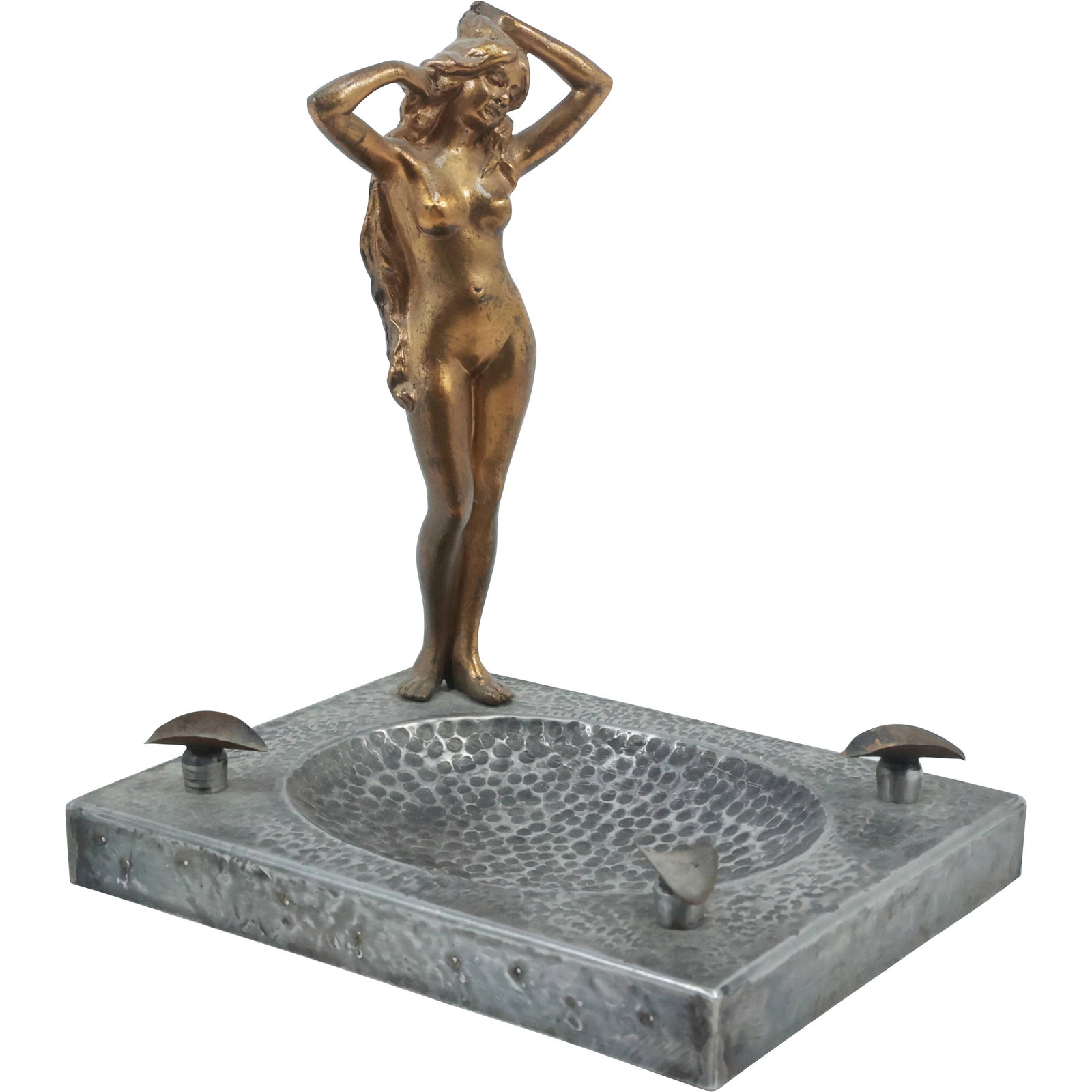 Circa 1920s Art Deco Cast Metal Ashtray with Standing Nude Woman: Circa 1920s Art Deco Cast Metal Ashtray with Standing Nude Woman size: 7 in. x 6.25 in. x 4.75 in.