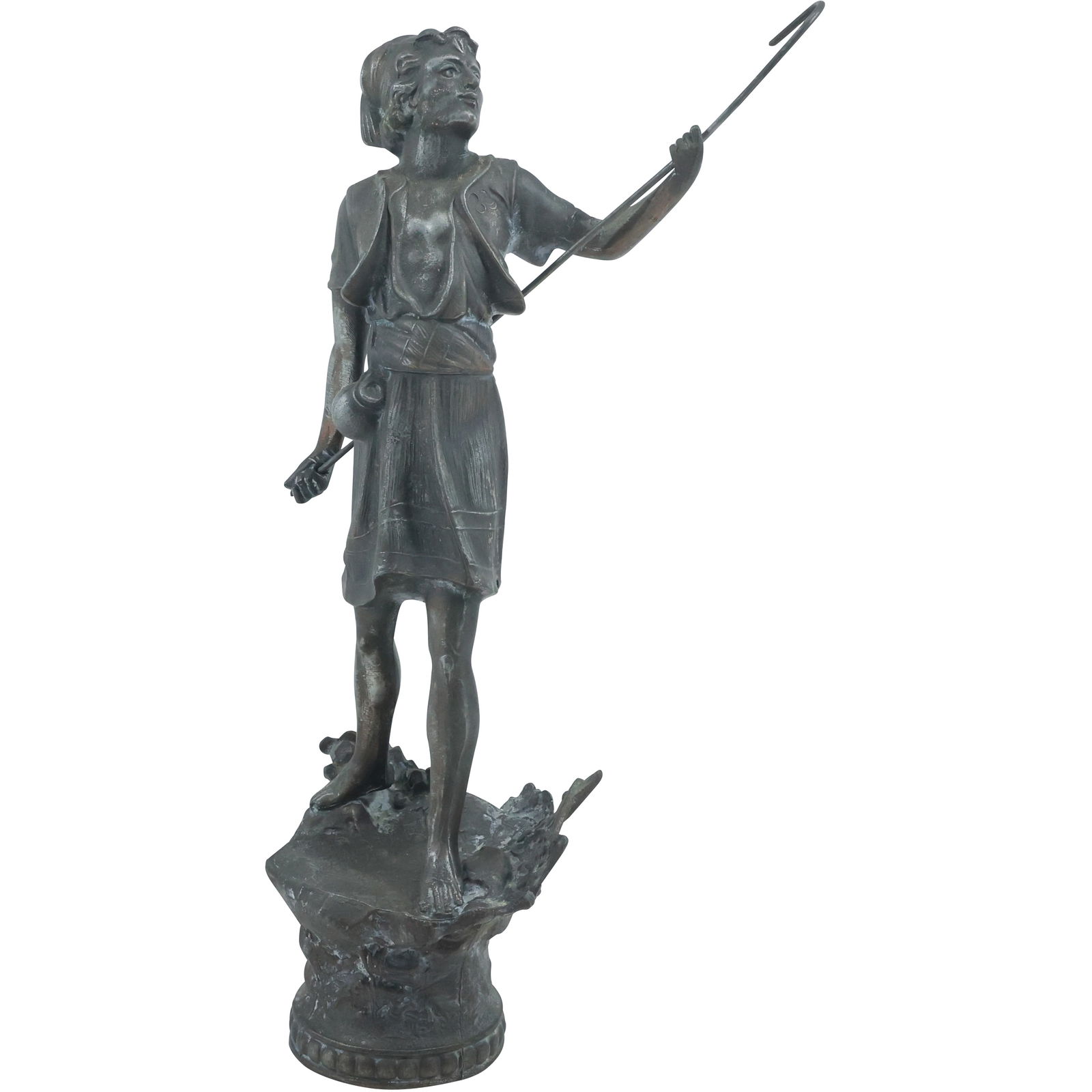 Antique Cast Metal Spelter Young Man Herder Figure Statue 14 in. Height, Original Patina (1 of 20)