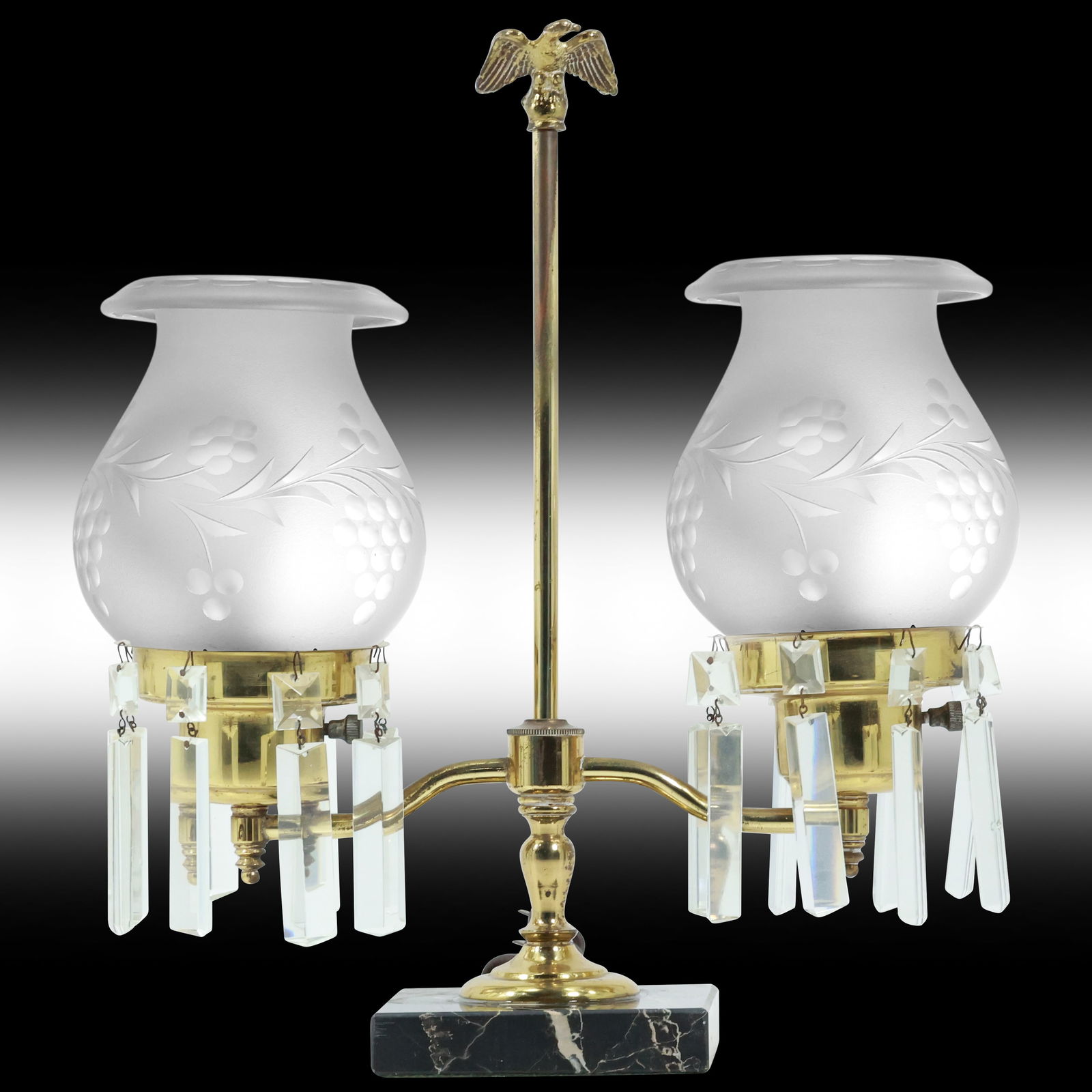 Brass Electrified Double Student Lamp with Argon Glass Shades and Glass Prisms (1 of 17)