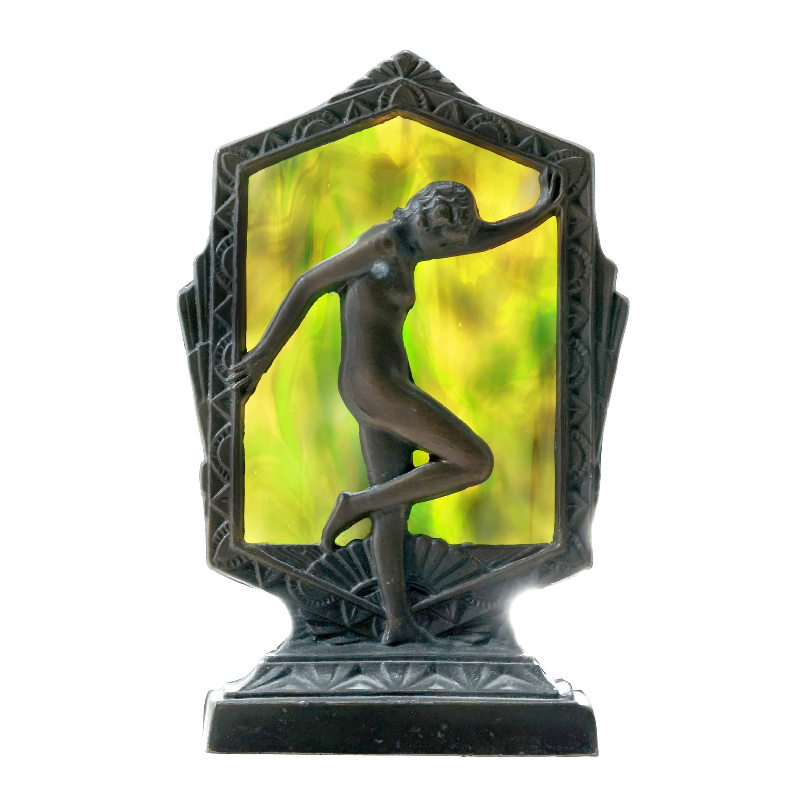 Art Deco Cast Metal Frame with Dancing Nude, Slag Glass Panel Table Accent Lamp 9 in. x 4.75 in.: Art Deco Cast Metal Frame with Dancing Nude, Slag Glass Panel Table Accent Lamp 9 in. x 4.75 in. size: 9x4.75