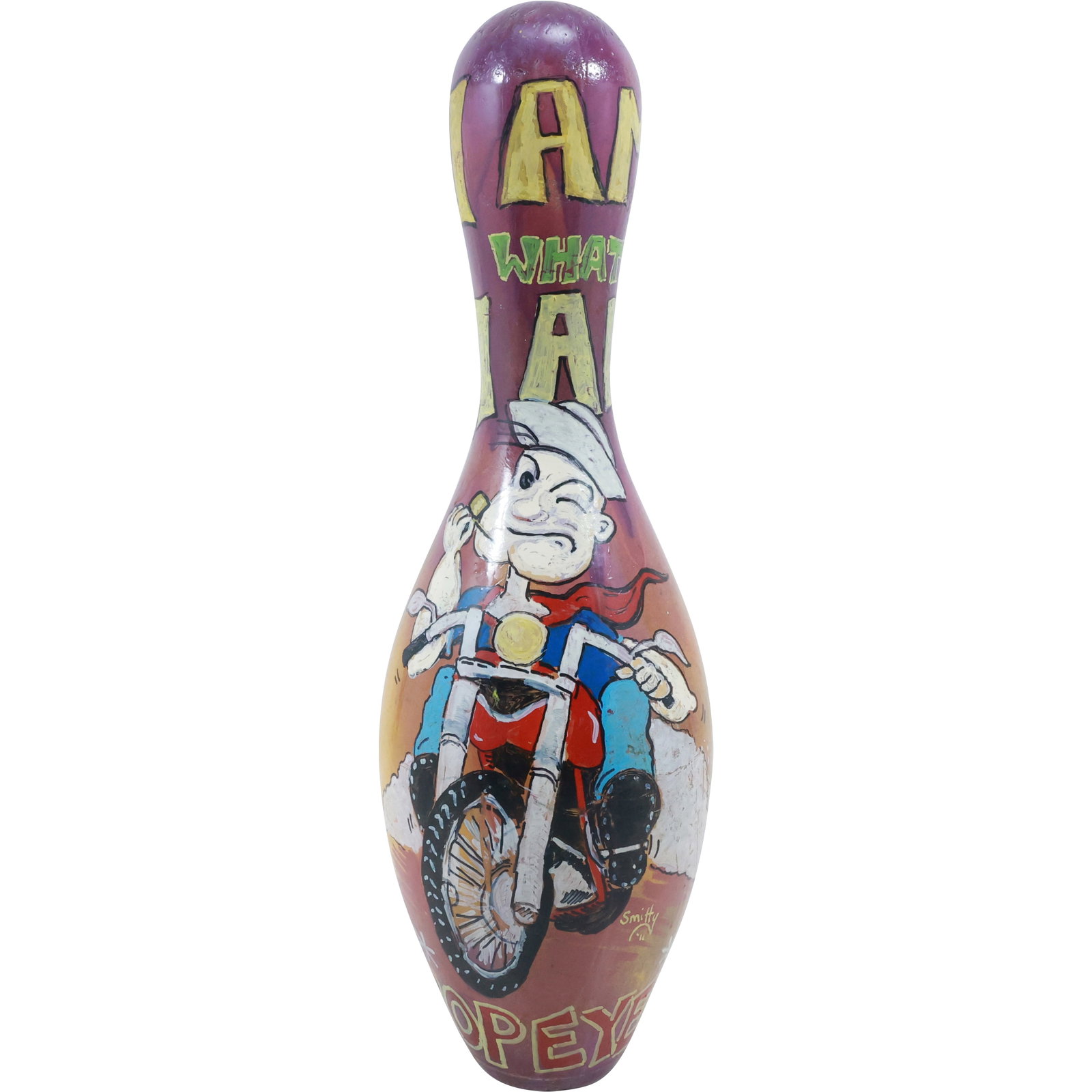 POPEYE Hand Painted Bowling Pin artist signed Smitty,  15 inches height x 4.5 in. (1 of 20)