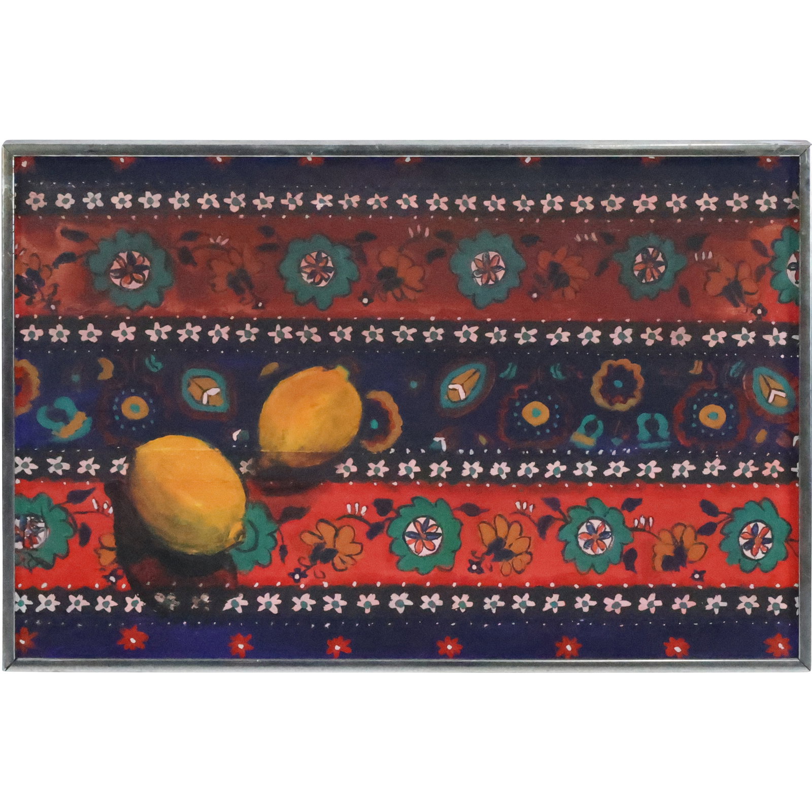 Vintage Oil Painting on Canvas Lemons on a Tapestry Panel, Framed (1 of 20)