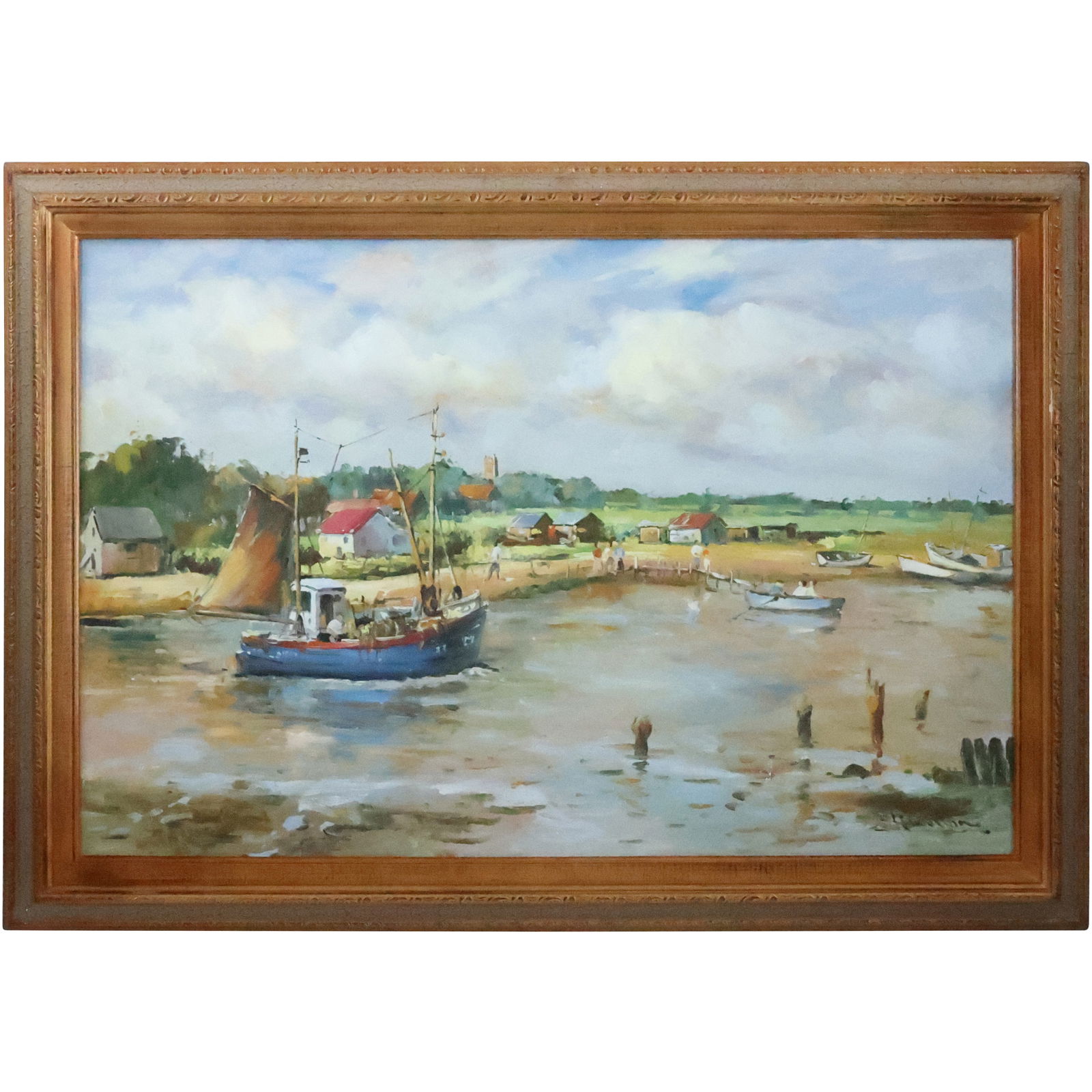 Signed Hamilton, Fine 20th C. Oil on Canvas Painting Fishing Boat in Inlet, Framed (1 of 20)