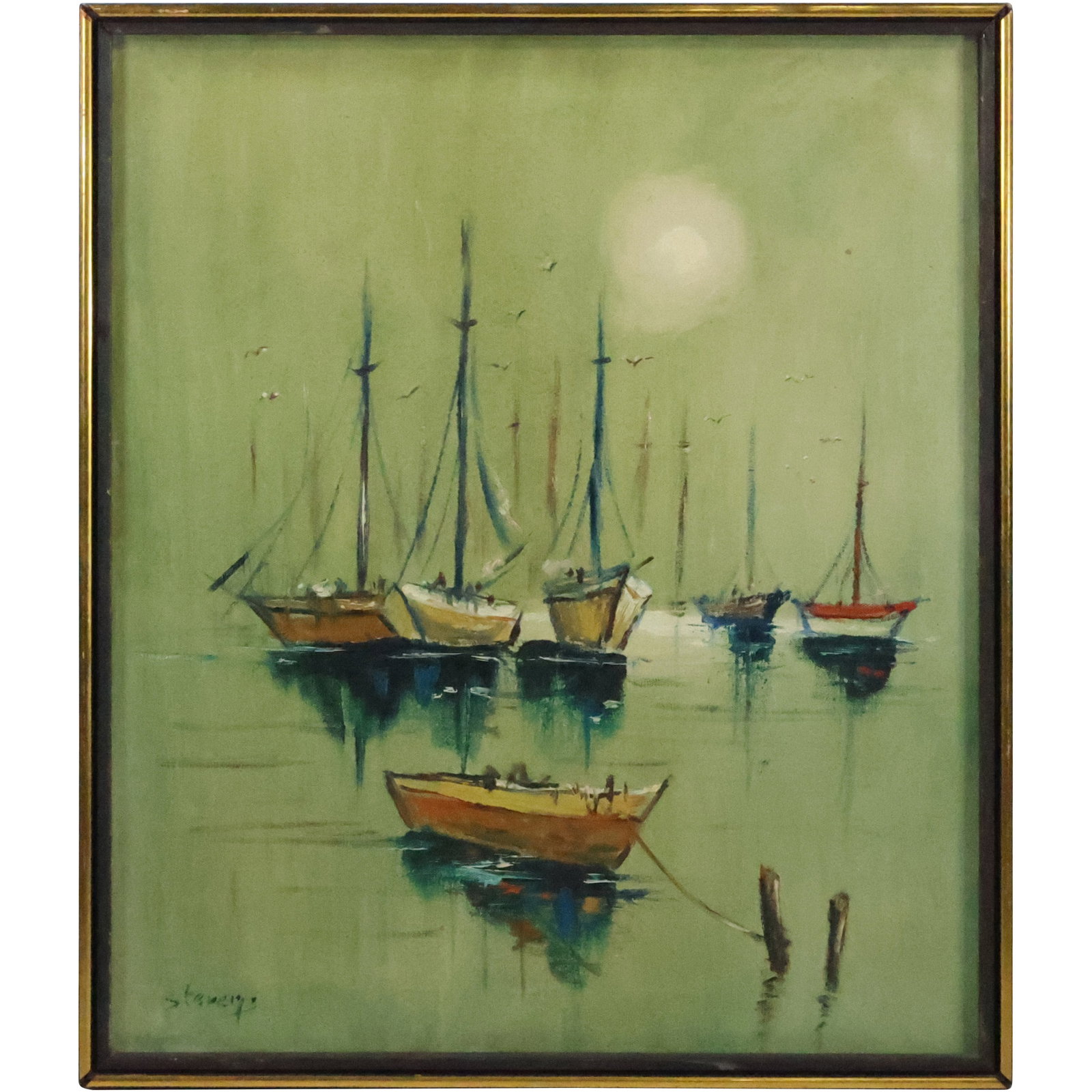 Vintage Oil on Canvas Painting Boats in the Harbor, Artist Signed, Framed: Vintage Oil on Canvas Painting Boats in the Harbor, Artist Signed, Framed. size: 24 x 20, 25 x 21.25 outside frame