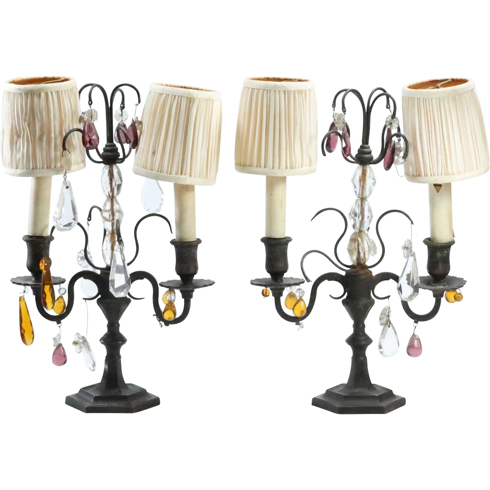 Pair Vintage Hollywood Regency Double Light Brass Fountain Lamps with Glass Prisms 12.5 in. height (1 of 20)