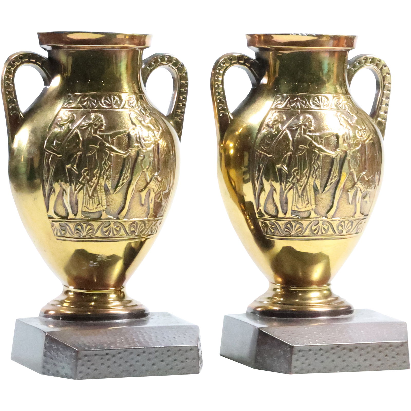 Cast Metal Grecian Urn Bookends in 2-Tone Patina Finish: Cast Metal Grecian Urn Bookends in 2-Tone Patina Finish. size: 7 x 3.5 x 3