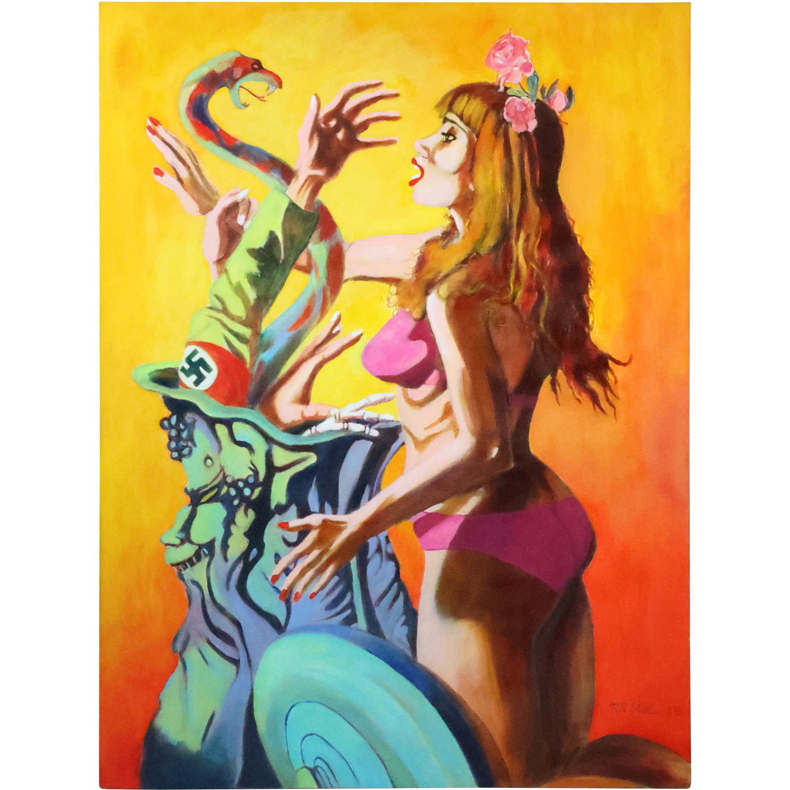 Norman Strite, Large Oil Painting Illustration Art Fictional Woman Stuffing Nazi into Garbage Can: Norman Strite, Large Oil Painting Illustration Art Fictional Woman Stuffing Nazi into Garbage Can. size: 48 in. x 36 in.; Author of Book: Norman Strite in the Temple of Beauty. Figure Paintings and Dr