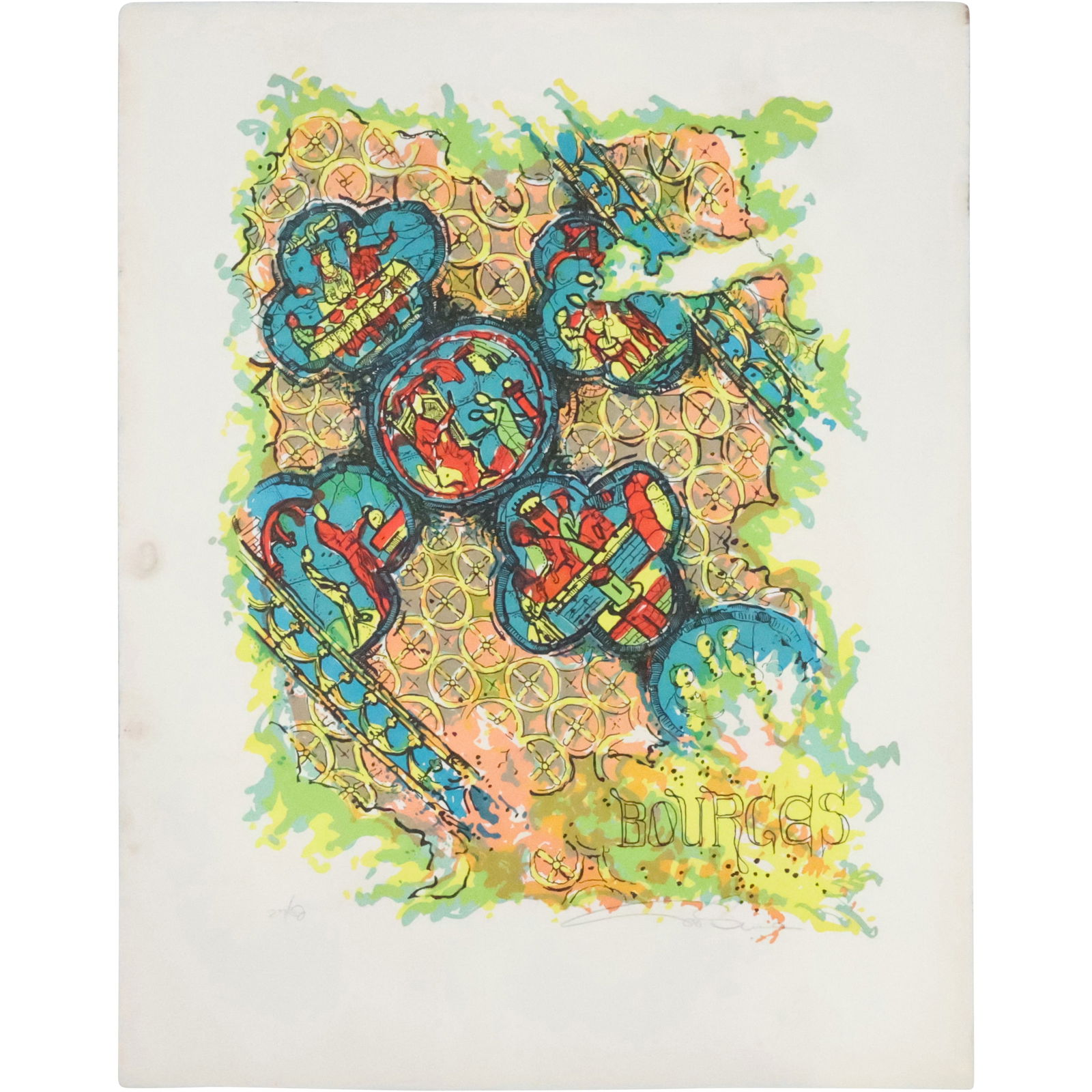 BOURGES, Abstract Colorful Pencil Signed Lithograph, Modernism Religious Cross (1 of 20)