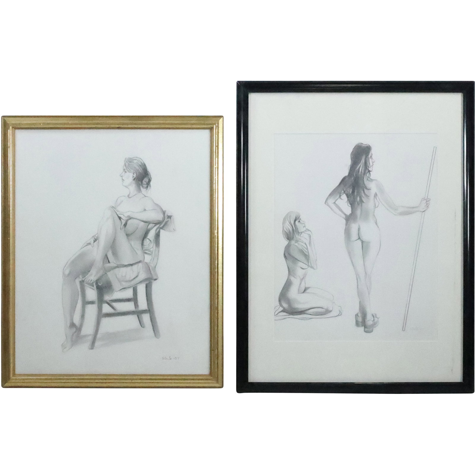 [2] Norman Strite, American Artist, Pencil Drawings Female Models, Signed, Framed: [2] Norman Strite, American Artist, Pencil Drawings Female Models, Signed, Framed. size: (20 x 16, 22 x 18 outside frame), (16.5 x 13 matte, 25 x 19 outside frame). Author of Book: Norman Strite in th