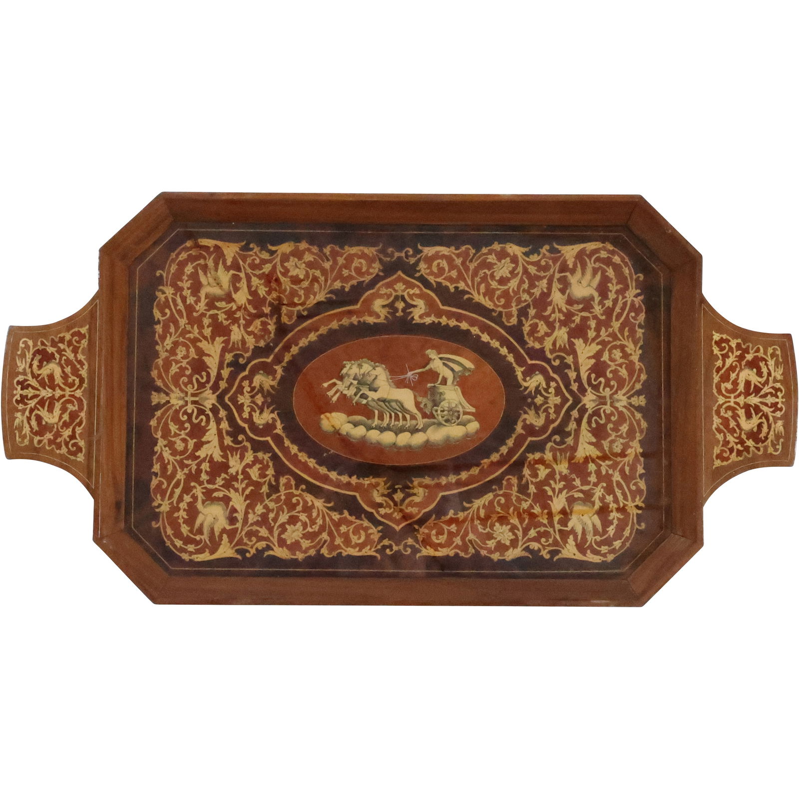 Very Ornate Inlaid Wooden Serving Tray with Roman Horse Drawn Chariot in Center, 23.25 in. length (1 of 20)