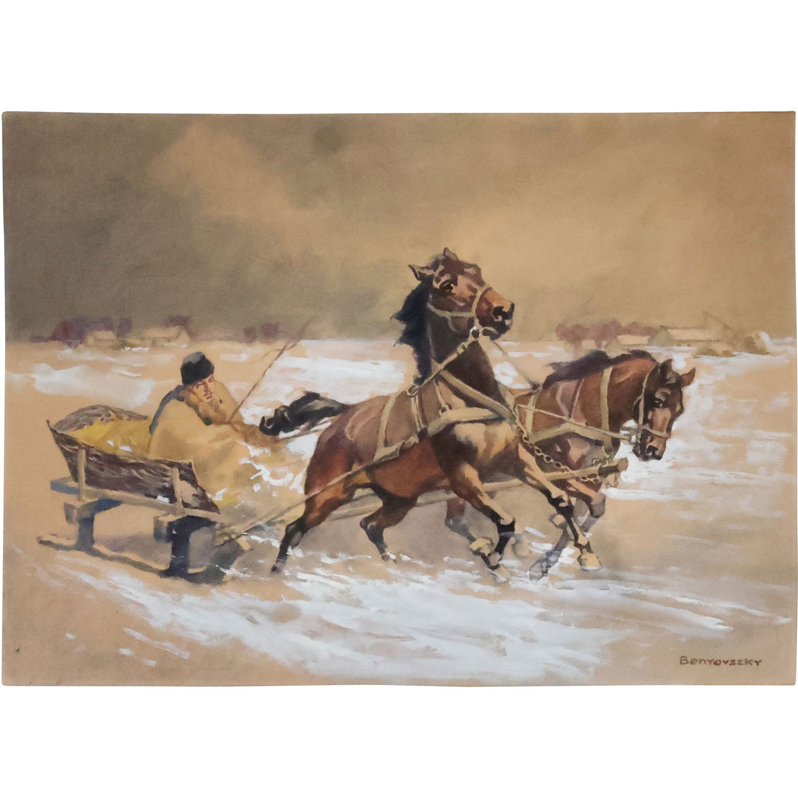 Istvan Benyovszky (1898 - 1969 Hungary] Watercolor Painting Horse Drawn Winter Sleigh Ride (1 of 20)