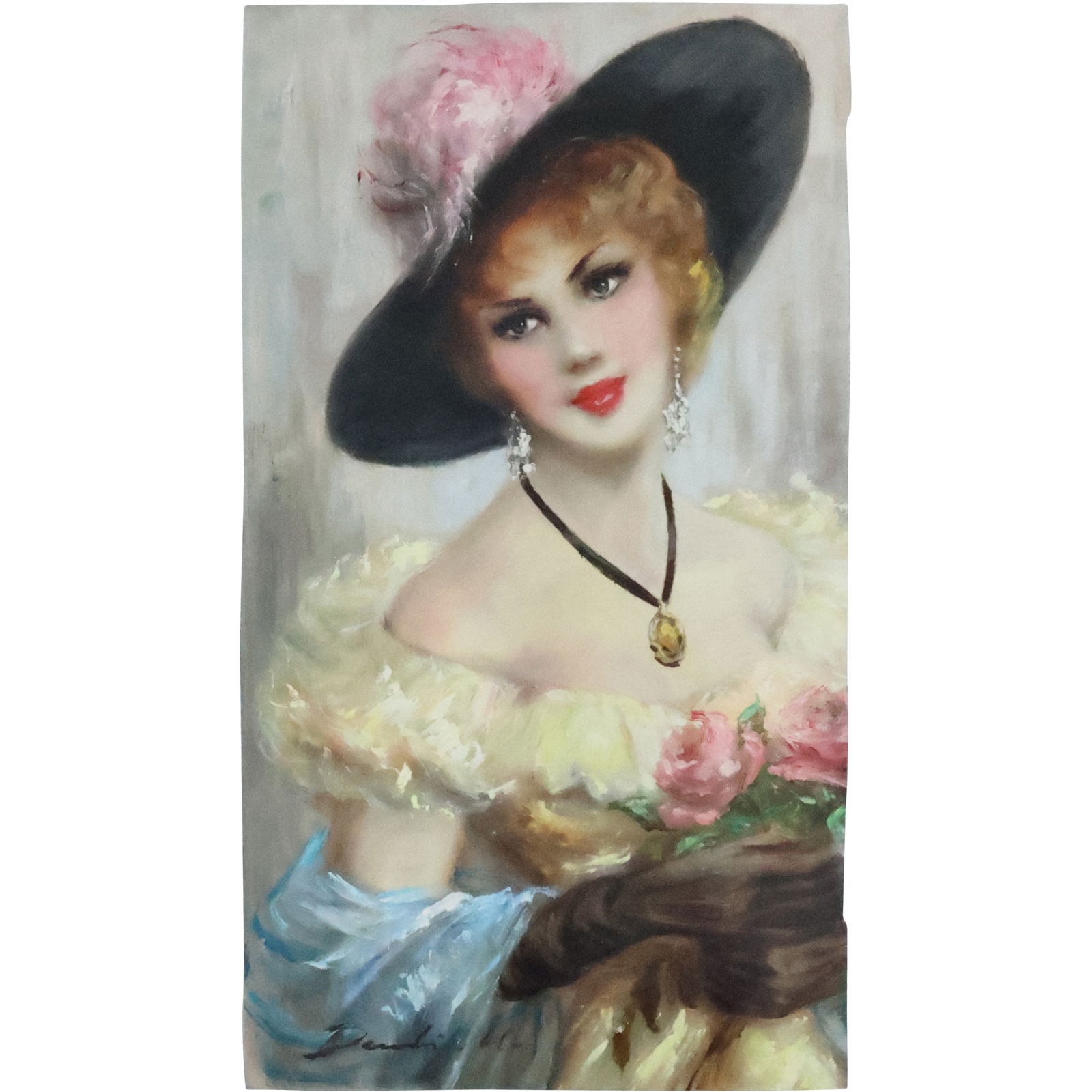 Davidson? Oil on Canvas Unstretched, Portrait of a French Fashion Woman, Signed (1 of 20)