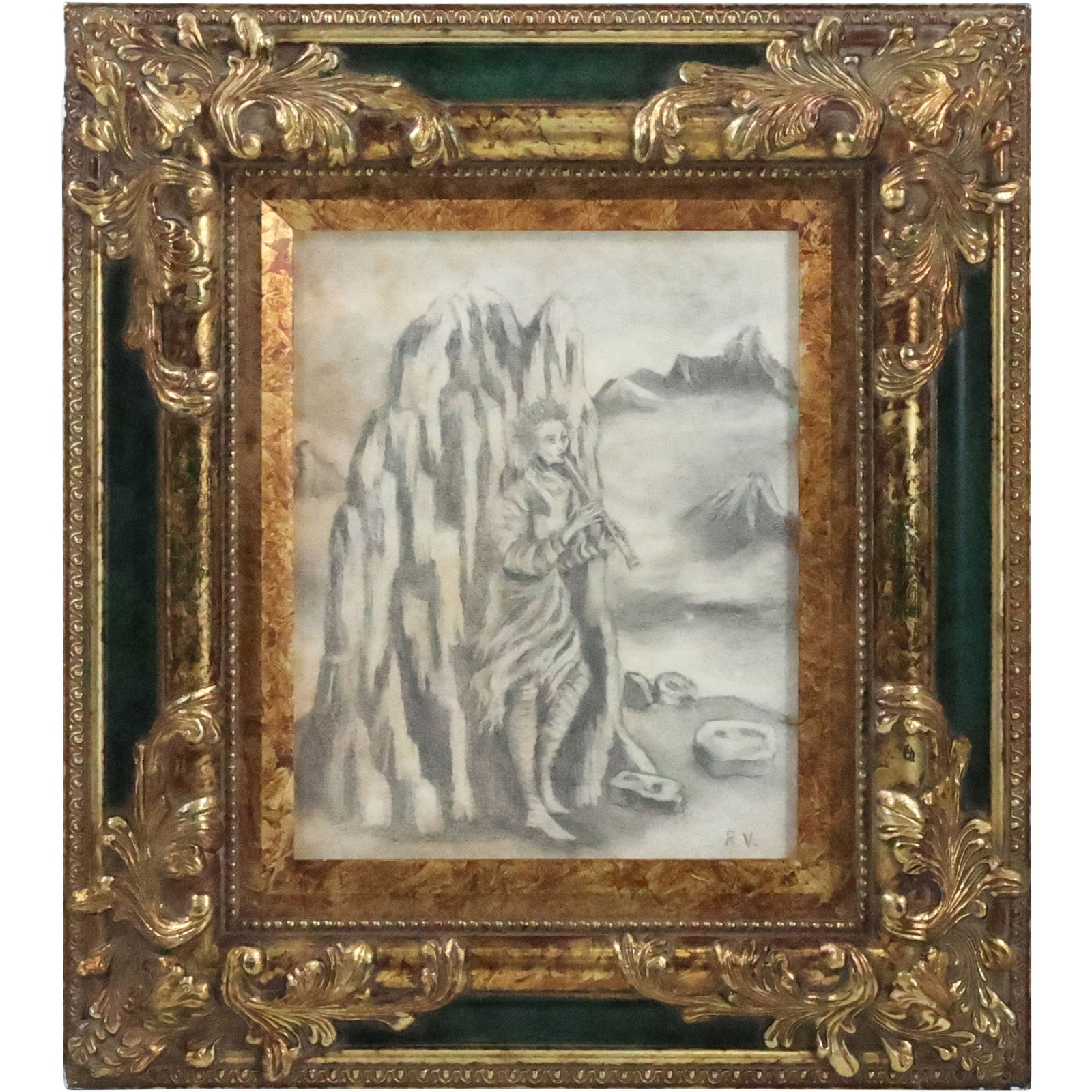 Remedios Varo, 1954, Graphite Drawing Figure Playing Flute, Mexico Gallery Label on Verso (1 of 20)