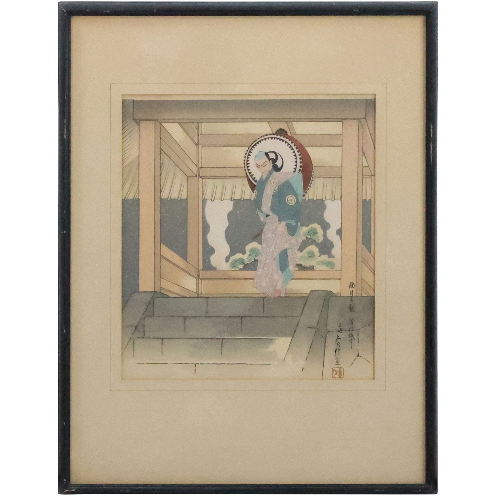 Sadanobu Hasegawa, 11-Color Woodblock, The Resounding Drum of the Hamamatsu Castle: Sadanobu Hasegawa, 11-Color Woodblock, The Resounding Drum of the Hamamatsu Castle. Vintage, Information Labels on verso. size: 10.5 x 9.25 matte, 18.5 x 14 outside frame