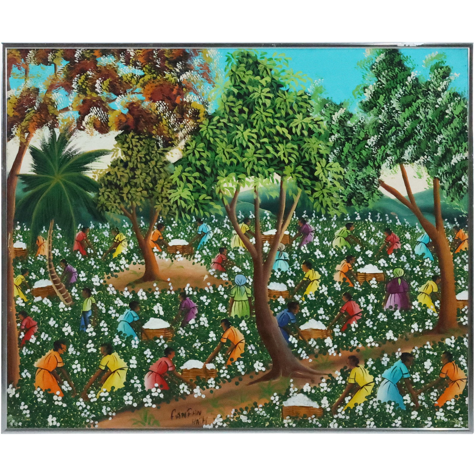 Signed Fanfan, Haiti, Oil on Board Painting Haitians Harvesting Cotton, Framed: Signed Fanfan, Haiti, Oil on Board Painting Haitians Harvesting Cotton, Framed. size: 19.5 x 23.5, 19.75 x 23.75 outside frame