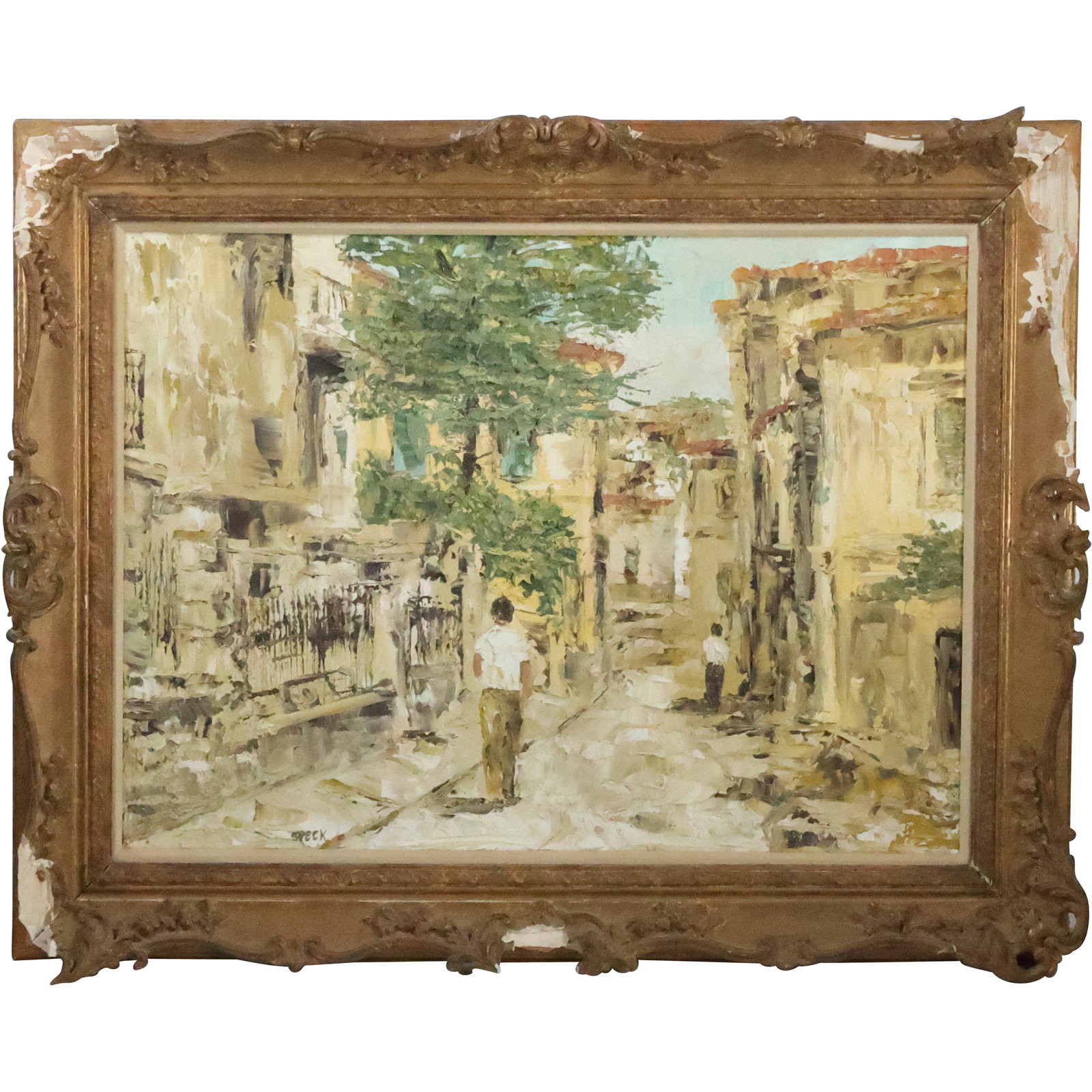 Signed Speck, Fine Quality Impressionism Oil on Canvas Painting Figure Walking in Village Alley: Signed Speck, Fine Quality Impressionism Oil on Canvas Painting Figure Walking in Village Alley. size: 24.25 x 32.25, 31 x 30.5 outside frame
