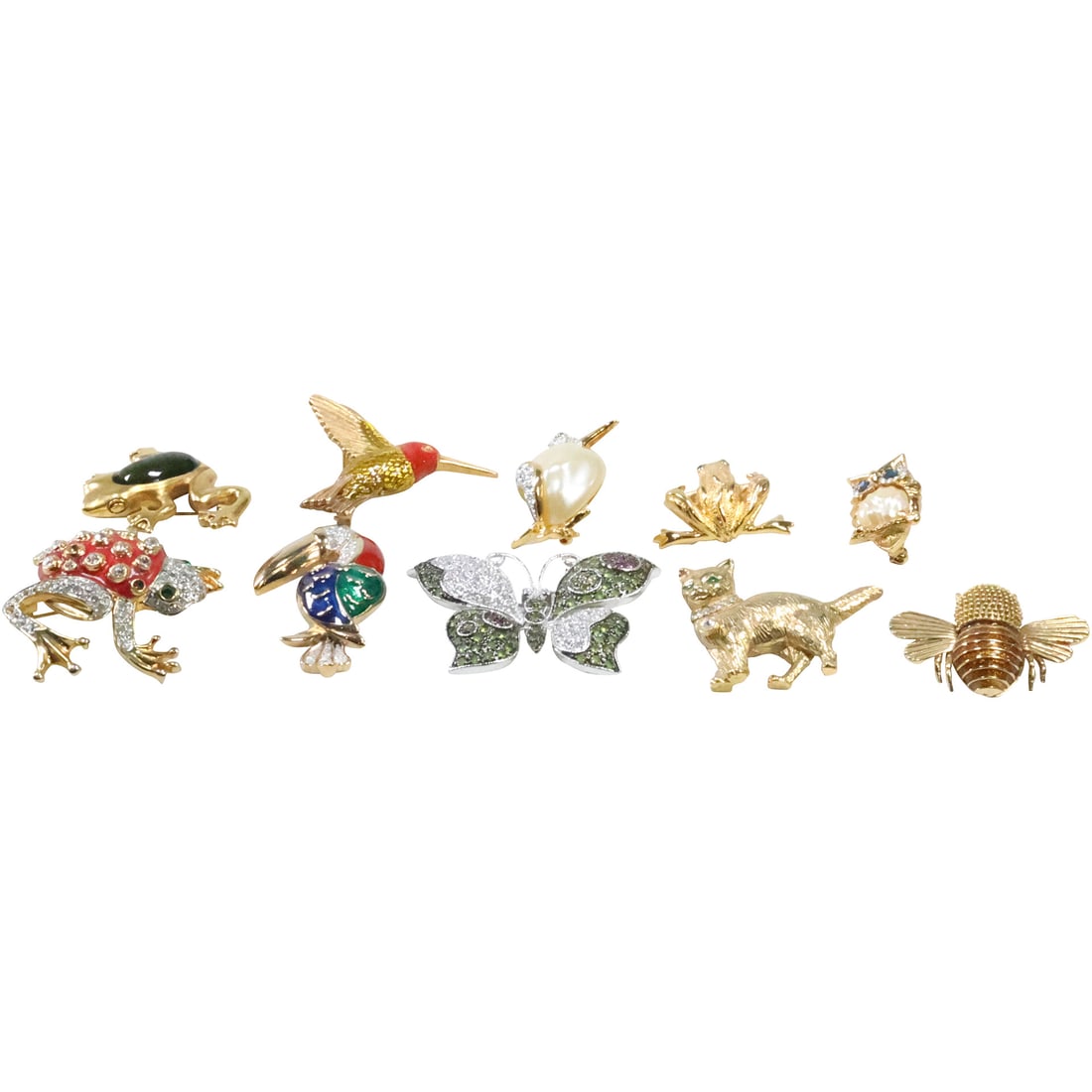10 Assorted Costume Jewelry Figure Pins: KJL Penguin, Frog, Owl, Bee, Hummingbird, Cat, Parrot (1 of 20)