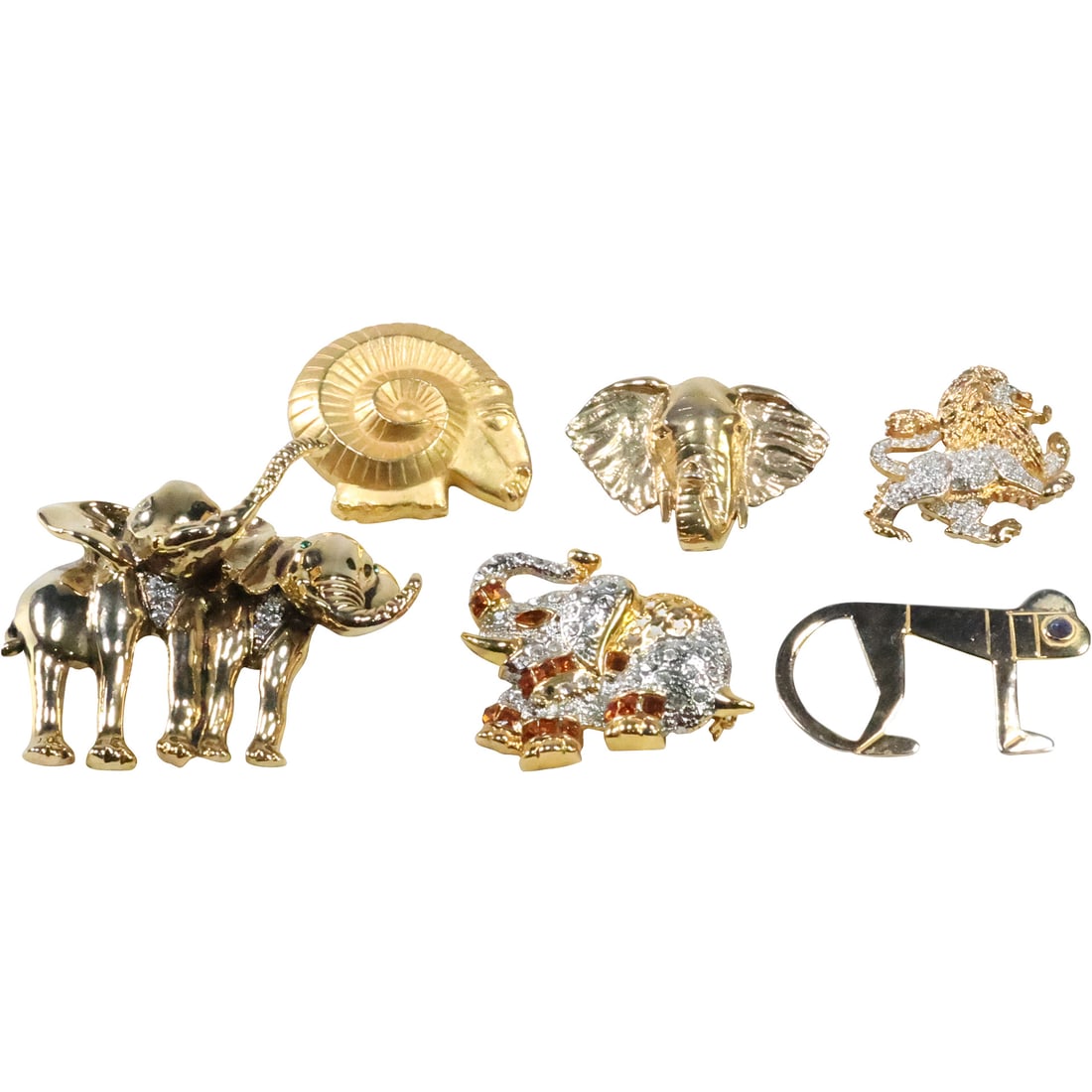 6 Assorted Gold Tone Pins: 2 Gold Tone Elephant Pin; Rhinestone Elephant Pin; Ram Head Pin (1 of 20)