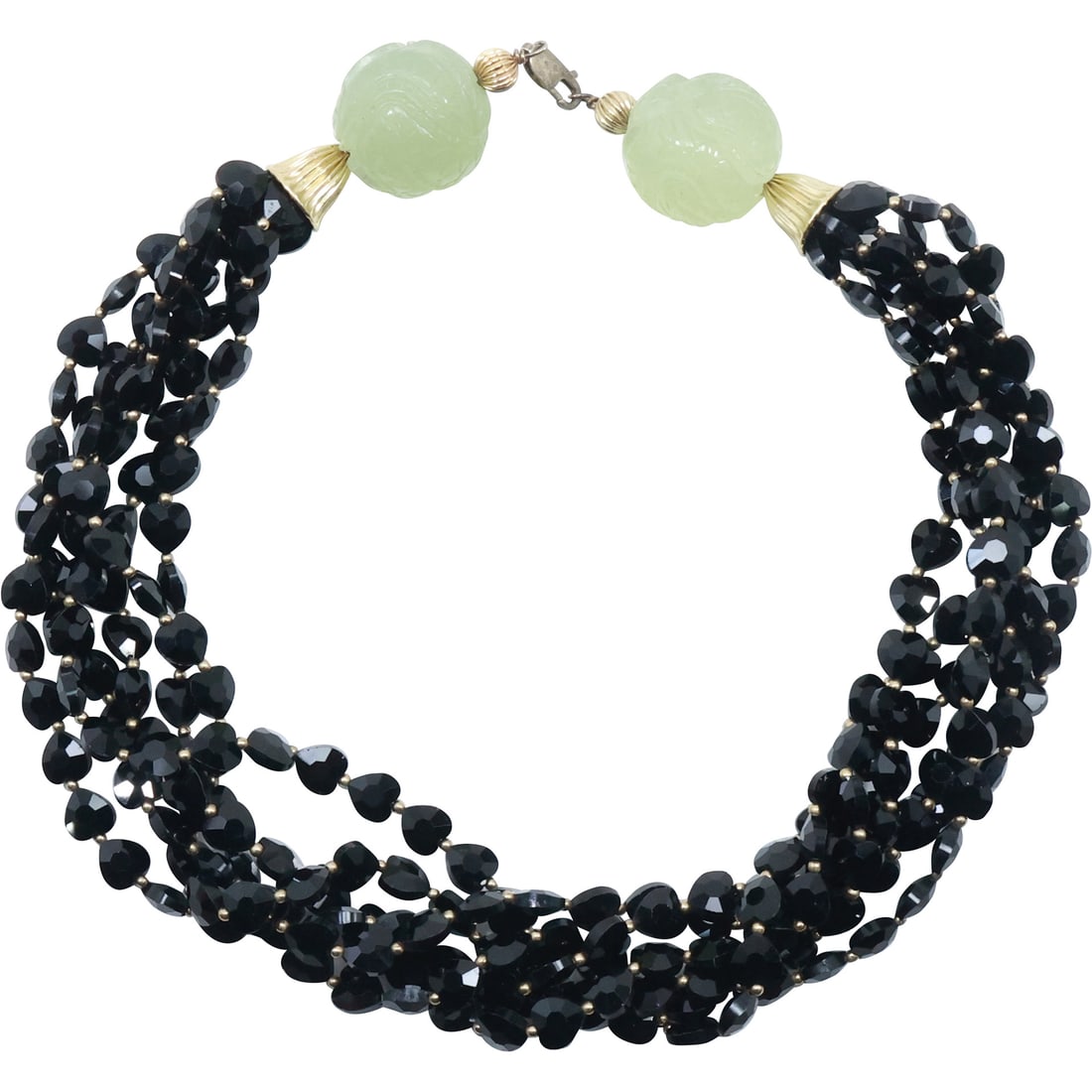 Carved Snake Opaque Green Glass Balls with Black Onyx and 14K Beads 6-Strand Necklace: Carved Snake Opaque Green Glass Balls with Black Onyx and 14K Beads 6-Strand Necklace, Sterling catch. 18 in. x 1 1/2 in.