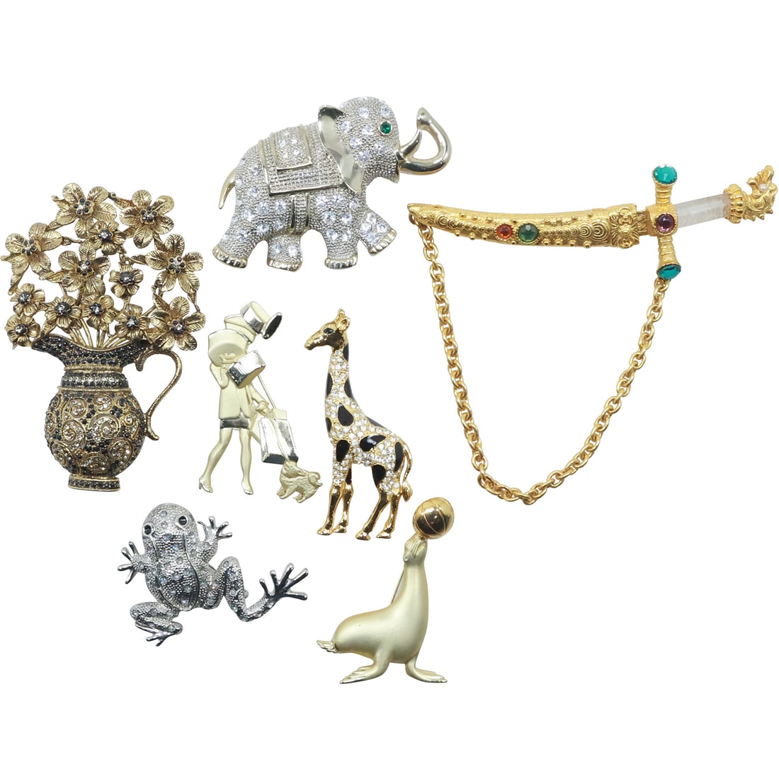 7 Assorted Costume Jewelry Pins: Large Crystals Elephant Pin; Black Enamel & Rhinestone Giraffe (1 of 19)