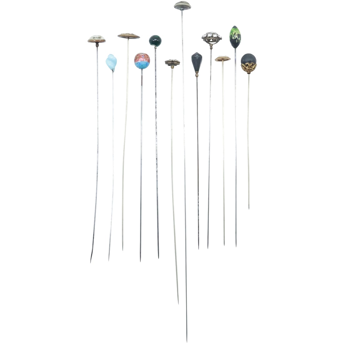 12 Assorted Vintage HAT PINS Art Deco, Murano, Cameo, Rhinestones 6 in. to 13 in. lengths (1 of 18)