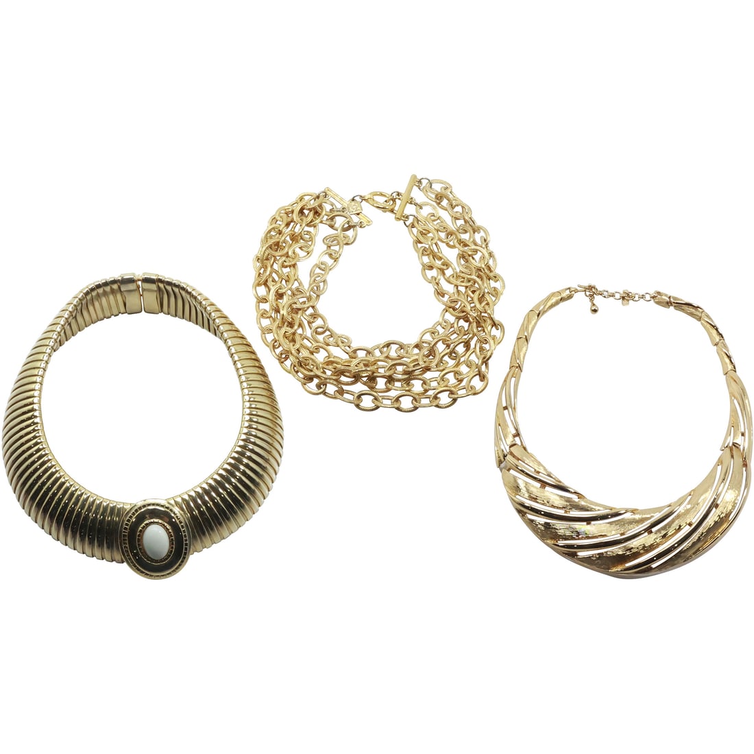 3 Assorted Designer Costume Gold Tone Necklaces: Monet Gold Tone Hard Collar Necklace; (1 of 20)