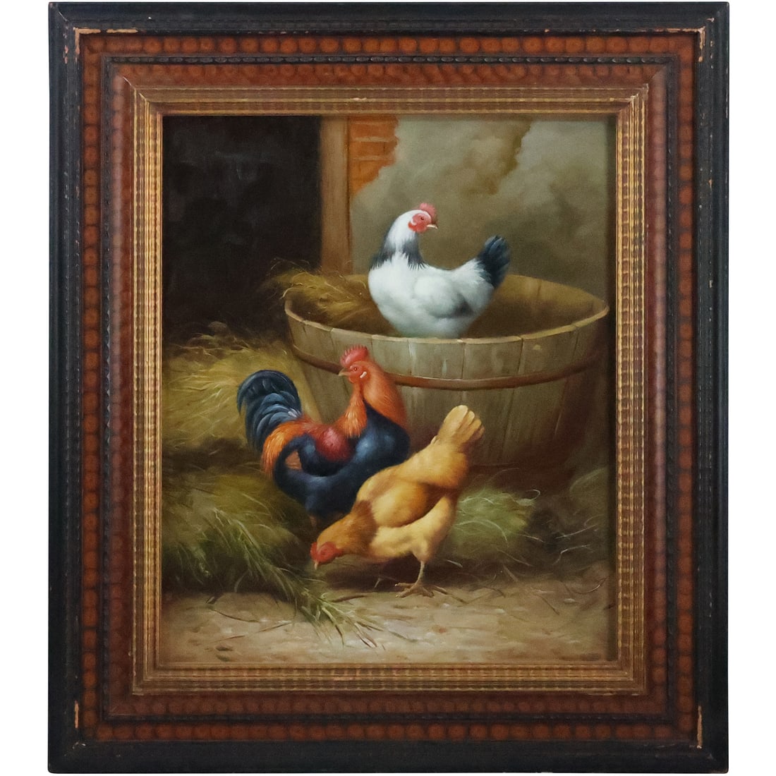 Fine 20th C. Oil Painting Barnyard Roosters, Chicken in a Barn Stable, Framed (1 of 20)