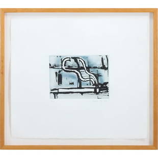 AARON FINK, Etching, Abstract "Blue Cigarette" Signed and Numbered #3/30, Obelisk Gallery Label: AARON FINK, Etching, Abstract "Blue Cigarette" Signed and Numbered #3/30. Obelisk Gallery Label. size: 16 x 18, 18.75 x 20.75 outside frame. Aaron Fink (Born 1955) is active/lives in Massachusetts. 