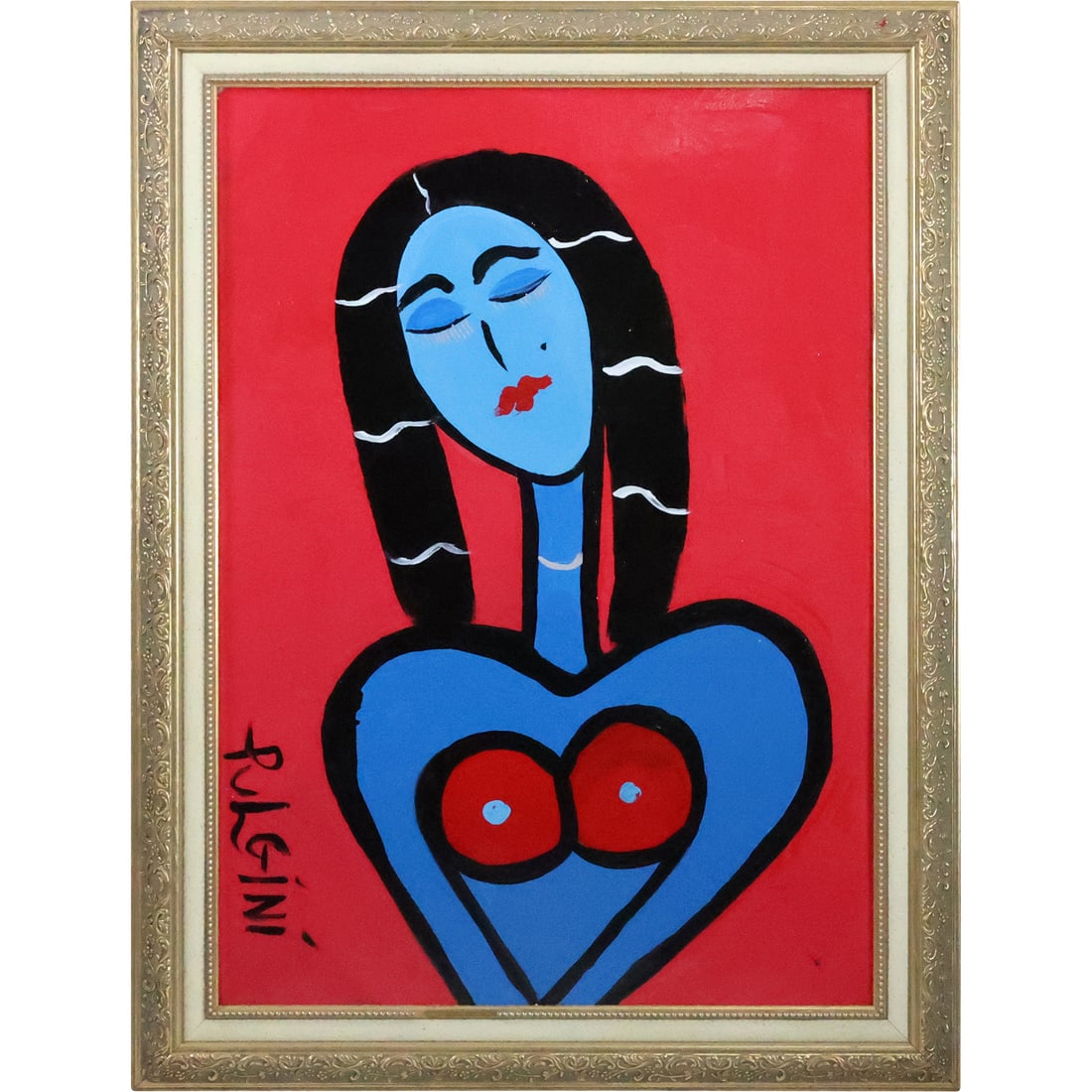 Thomas Pulgini, American, Oil on Board Painting, Abstract Blue Woman, Signed, Framed: Thomas Pulgini, American, Oil on Board Painting, Abstract Blue Woman, Signed, Framed. Well Listed American Artist. size: 28 x 20, 32.75 x 24.75 outside frame. ASKart: Thomas Pulgini, Born 1965 in Wilm