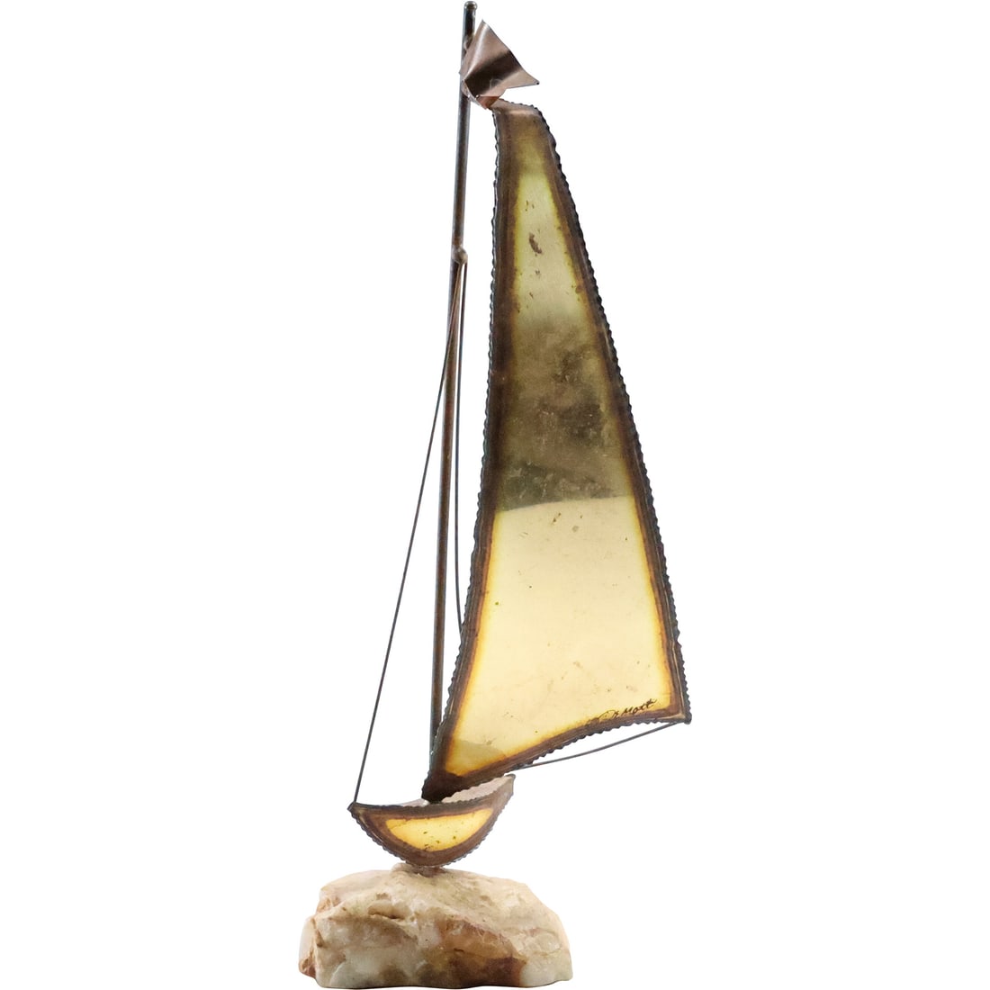 Mid-Century Modern Brass Sail Boat Sculpture Signed De Mott Mounted on Onyx Stone Base: Mid-Century Modern Brass Sail Boat Sculpture Signed De Mott Mounted on Onyx Stone Base. size: 15.5 x 6 x 3.25
