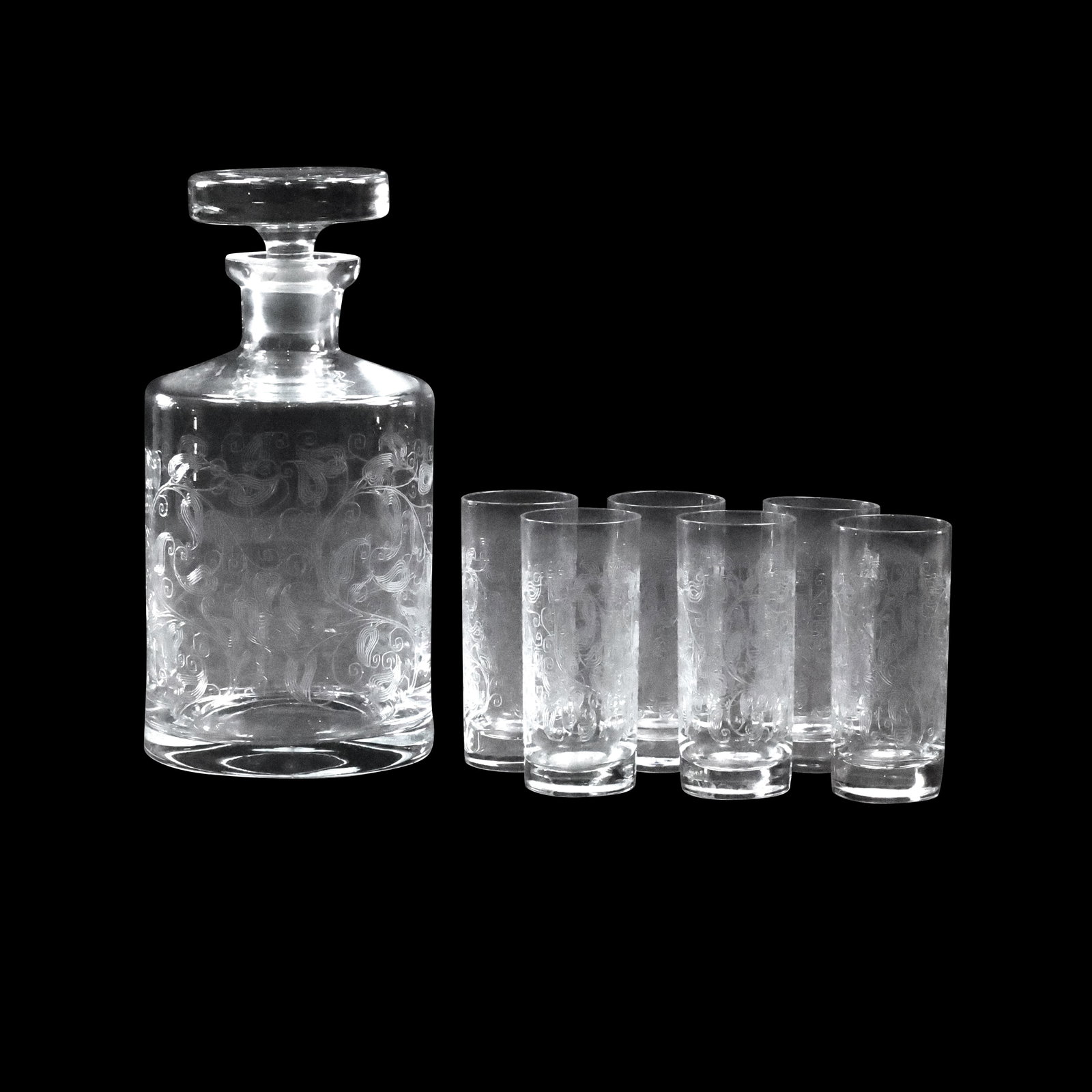 Fancy Etched Pattern Crystal Glass Liquor Decanter with Set 6 Fancy Etched Shot Glasses (1 of 20)