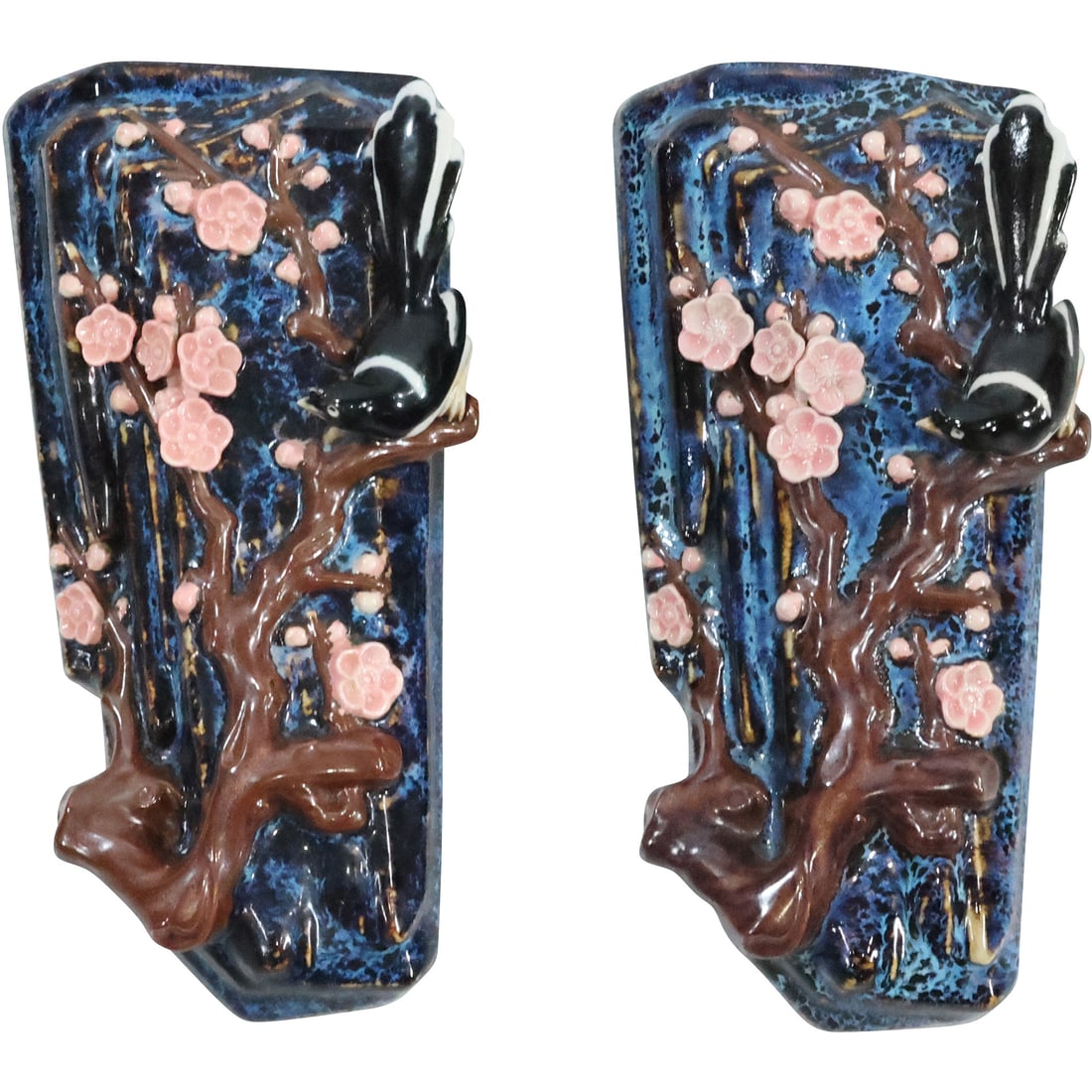 2 Majolica Art Pottery "Dogwood Trees" Wall Pockets 10.5 in. length (1 of 20)