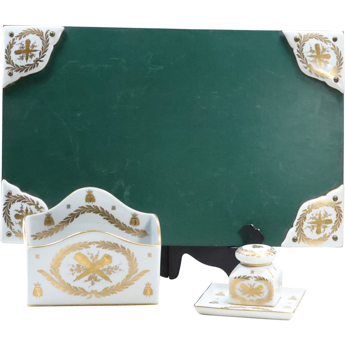 LIMOGES FRANCE Fine Porcelain 3 Piece Desk Set: Blotter Ends Pad , Inkwell and Letter Holder (1 of 20)