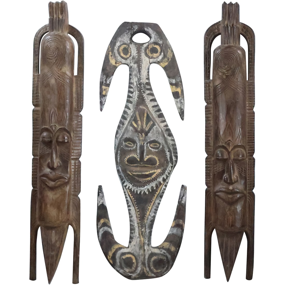 3 Assorted Vintage African Carved Wood Ceremonial Face Boards 40 inches and 37 in. lengths (1 of 19)
