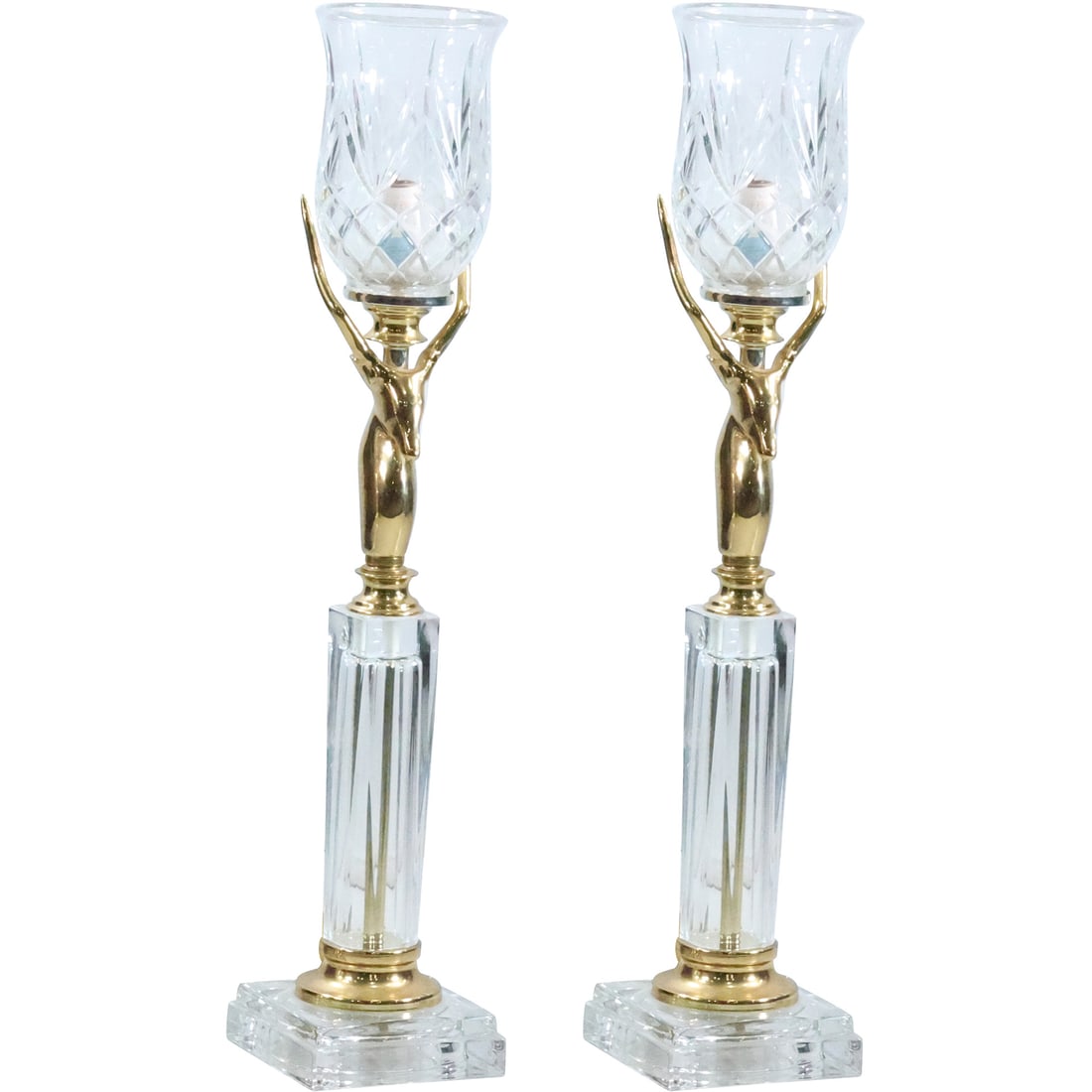 Pair Quality Crystal Glass and Brass "Gazelle" Figures Tall Table Banquet Lamps 24.75 in. height (1 of 20)