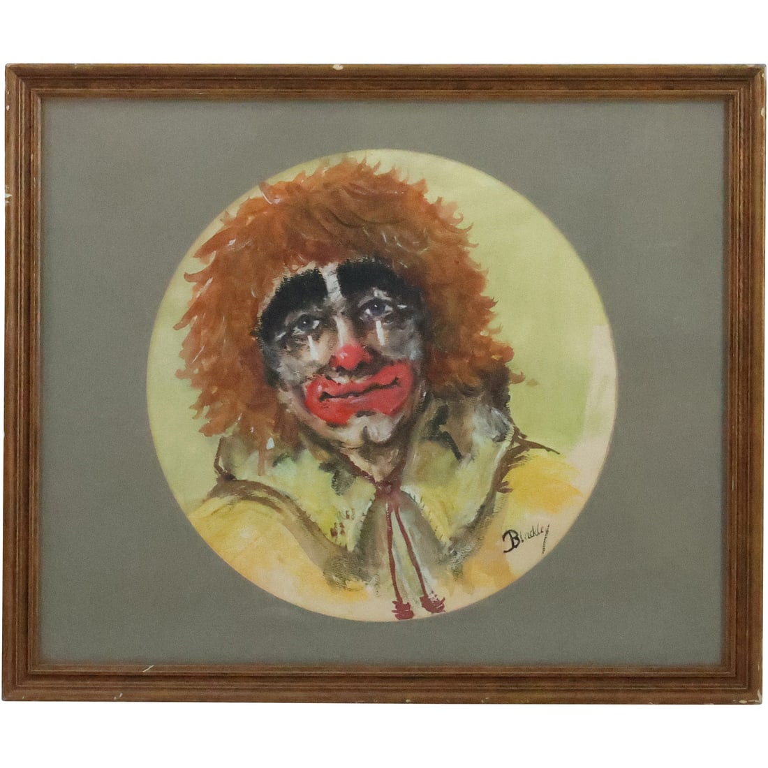 Signed Blackley, Vintage Oil Painting Portrait of a Clown, Round Image, Square Frame: Signed Blackley, Vintage Oil Painting Portrait of a Clown, Round Image, Square Frame. size: 13.5in round matte, 18.25 x 21.75 outside frame