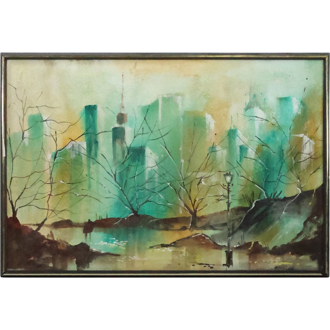 Signed Mallad, Vintage Oil on Canvas Painting Central Park, New York City , Framed (1 of 20)