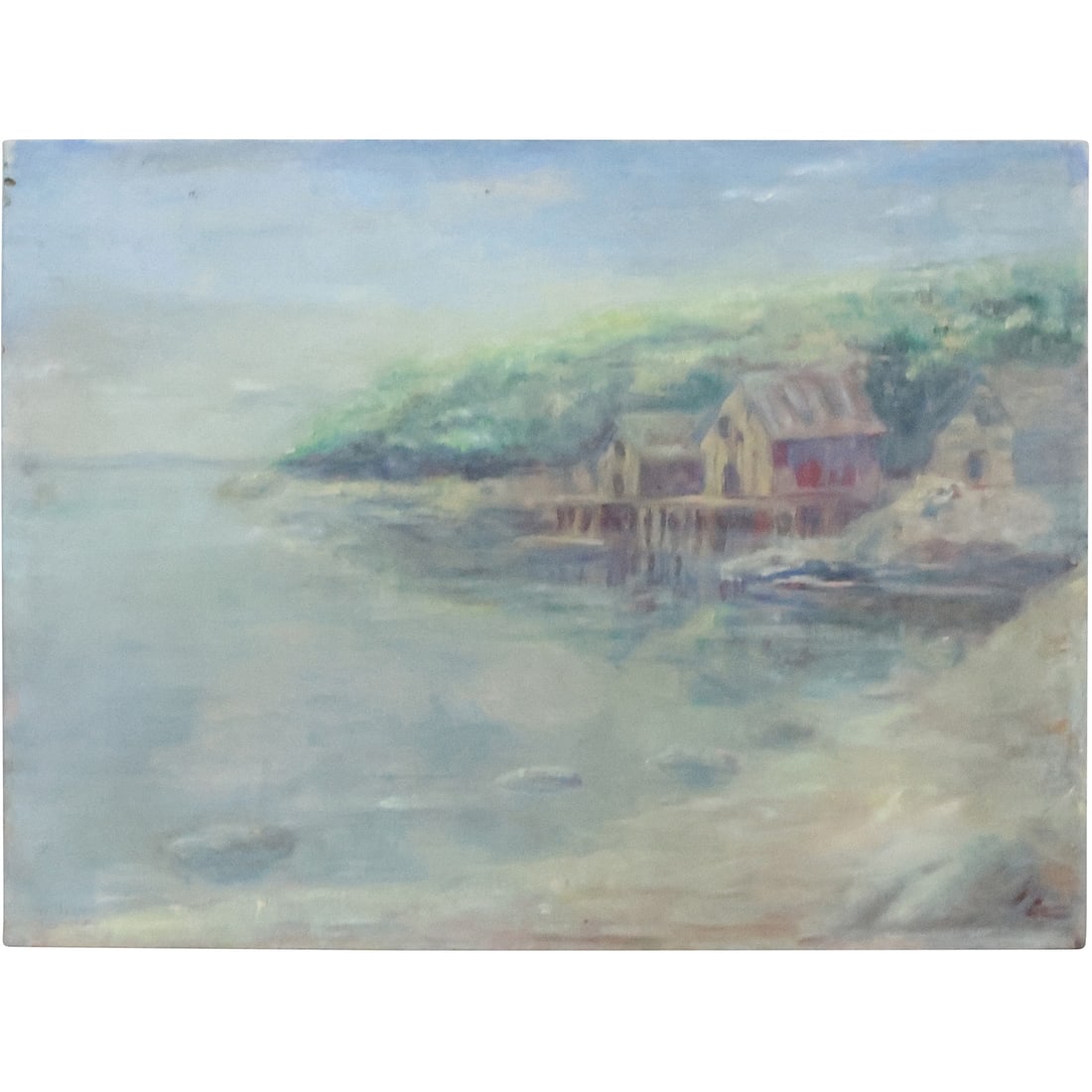 William Forsyth ?, Signed Faintly, Oil on Board Painting, Coastal Boat Houses: William Forsyth ?, Signed Faintly, Oil on Board Painting, Coastal Boat Houses. size: 18 x 24 - bent