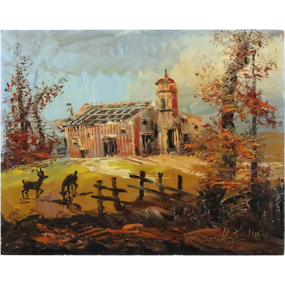 Morris Katz 1989, Jewish American, Acrylic Painting Rural Barn in Landscape, Deer: Morris Katz 1989, Jewish American, Acrylic Painting Rural Barn in Landscape, Deer. Well Listed Artist. size: 24 x 30 . ASKart: Morris Katz (born Moshe Katz on March 5, 1932 in Galicia, Poland, died No