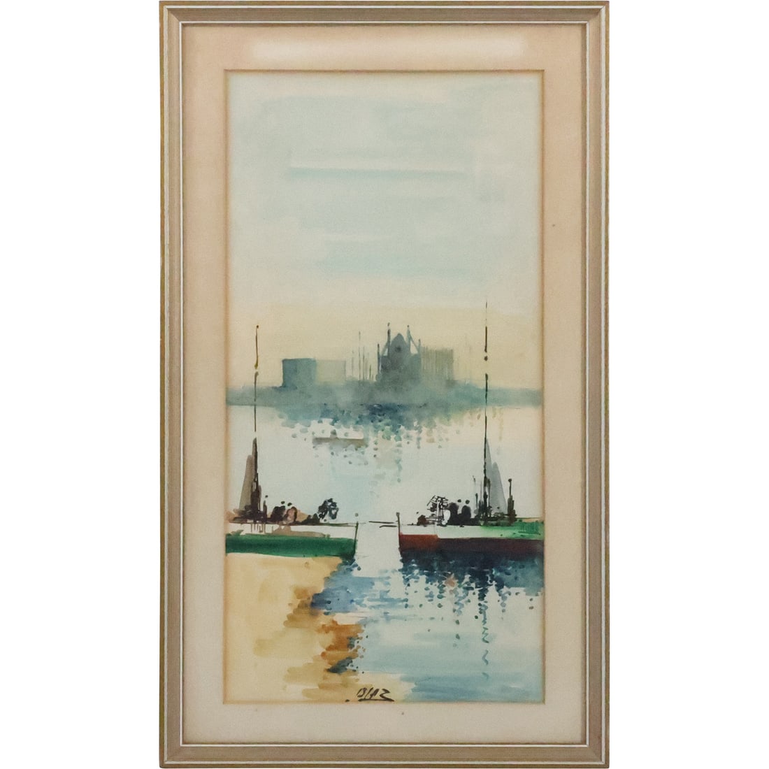 Signed Diaz, Vintage Watercolor Painting Fishing Boats in Inlet Harbor, Framed: Signed Diaz, Vintage Watercolor Painting Fishing Boats in Inlet Harbor, Framed. size: 20 x 10 matte, 24.25 x 14.25 outside frame