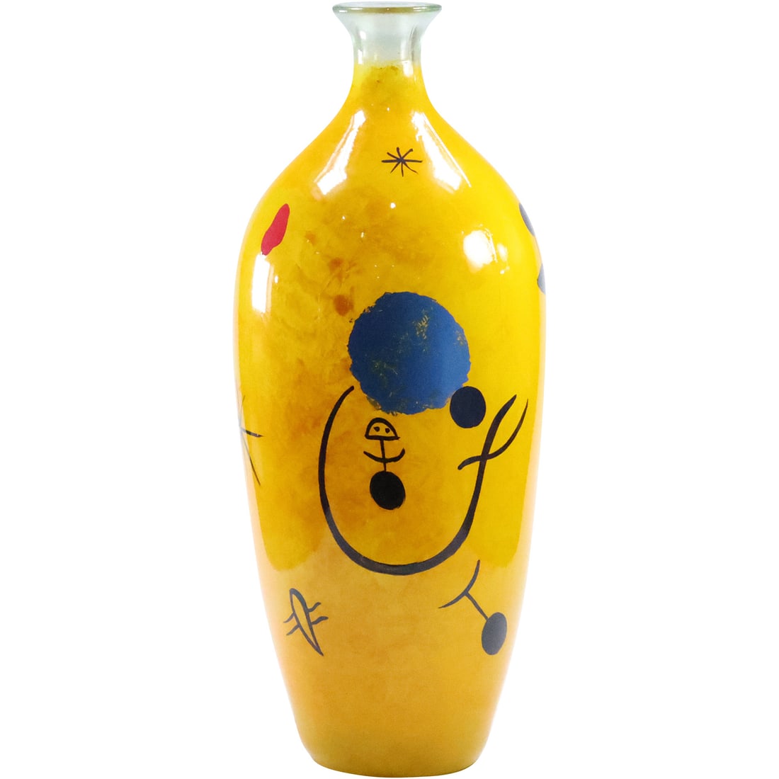 Joan Miro Style Abstract Hand Painted Yellow Glass Vase 15.5 in. height x 6 in. wide: Joan Miro Style Abstract Hand Painted Yellow Glass Vase 15.5 in. height x 6 in. wide. size: 15.5 x 6 - damaged