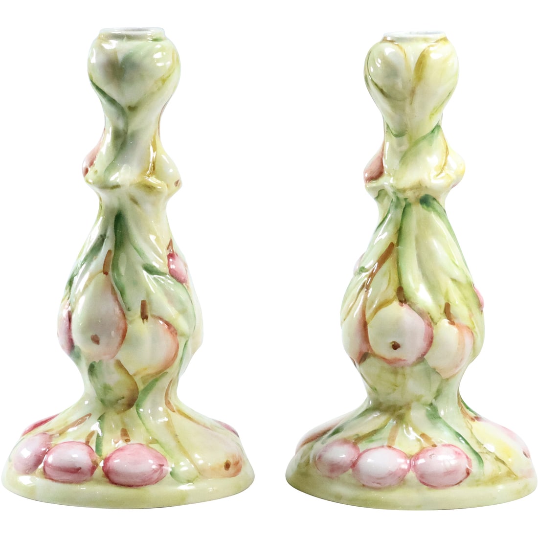 Pair Unique Fine Porcelain Art Nouveau Candlesticks with Embossed Fruits 10 in. height (1 of 20)