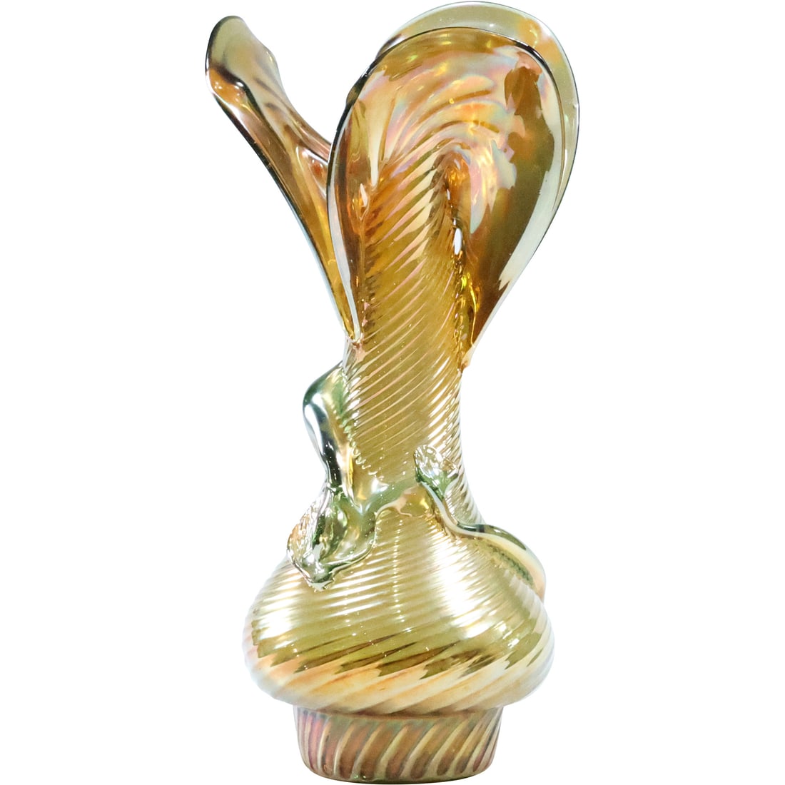 Unusual Iridescent Hand Blown Art Glass Vase Flower Form, Horizontal Ribbed Pattern 11.75 in. height (1 of 20)