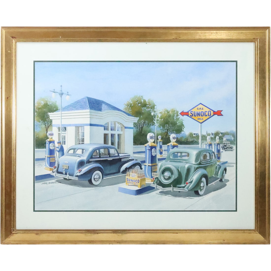 Jack Schmitt, NWS, American, Watercolor Painting 1940s Automobiles at Sunoco Gas Station (1 of 20)